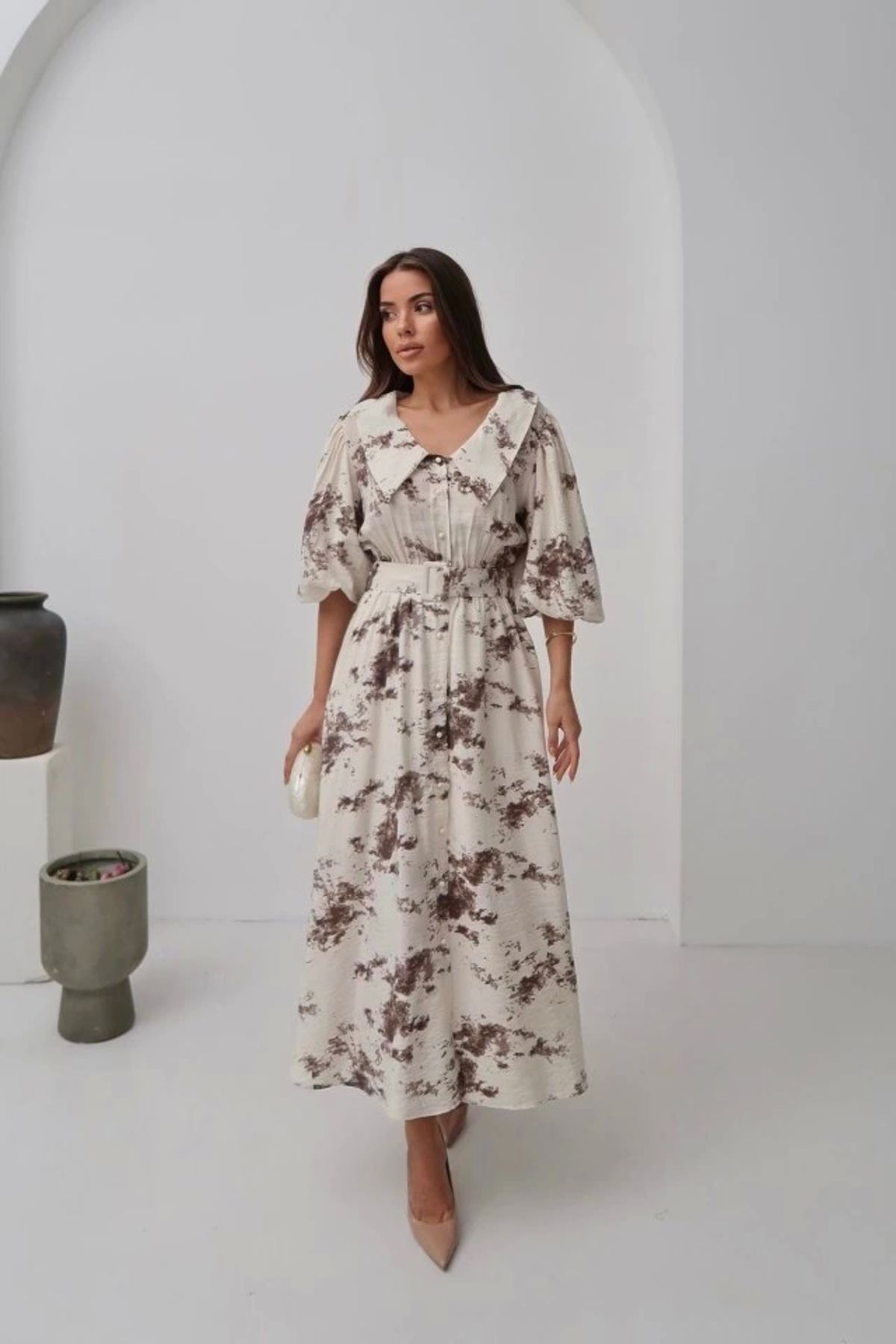 Butik Kahverengi Desenli Kemerli Elbise