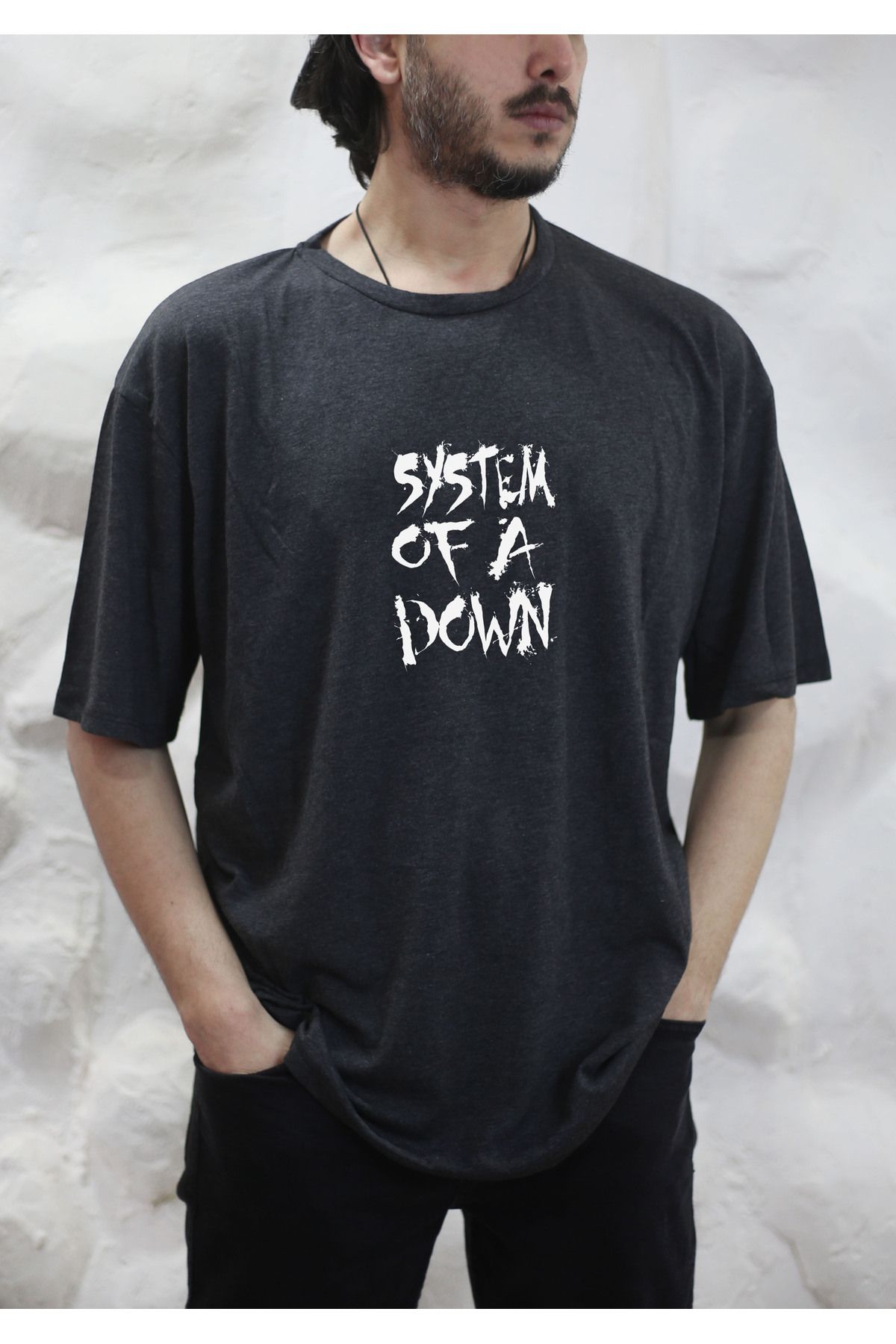 sielta System of a Down Müzik Grubu Baskılı Oversize Erkek Pamuklu Antrasit Tişört T-shirt