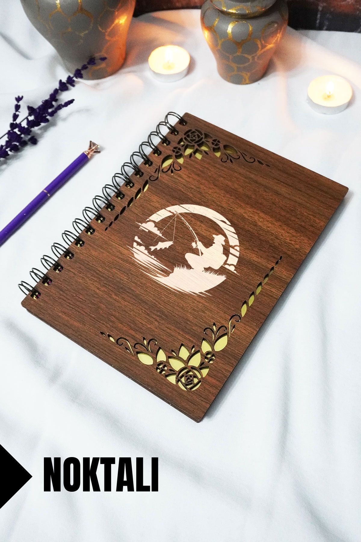 markcat Balıkçı Ahşap Kapaklı Spiralli Defter - Çizgili Defter - 60 yaprak (120 sayfa) - A5 15x21 cm