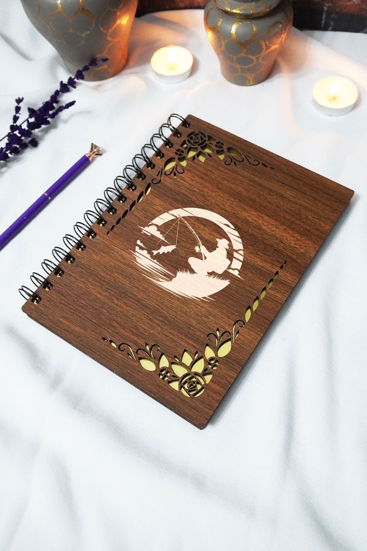 markcat Balıkçı Ahşap Kapaklı Spiralli Defter - Çizgisiz Defter - 60 Yaprak (120 SAYFA) - A5 15x21 Cm