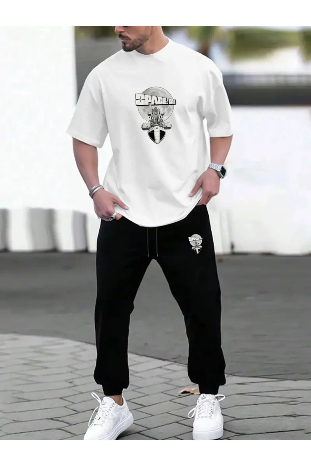 LUNAVISTA Erkek Casual Yuvarlak Yaka T-Shirt ve Jogger Pantolon Kıyafeti Cep ile