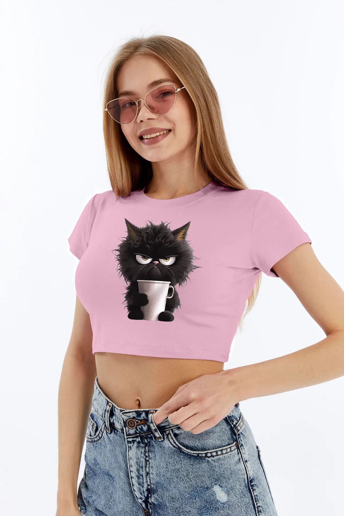 MYFORA Kızgın Kedi Baskılı Crop Kadın Tişört | %100 Viskon