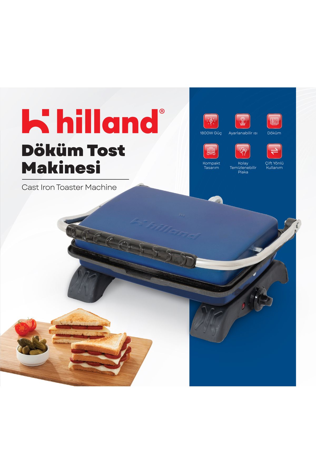 hilland Organik %100 Demir Döküm Plakalı Tost Makinesi - Temizleme Fırçası Hediyeli