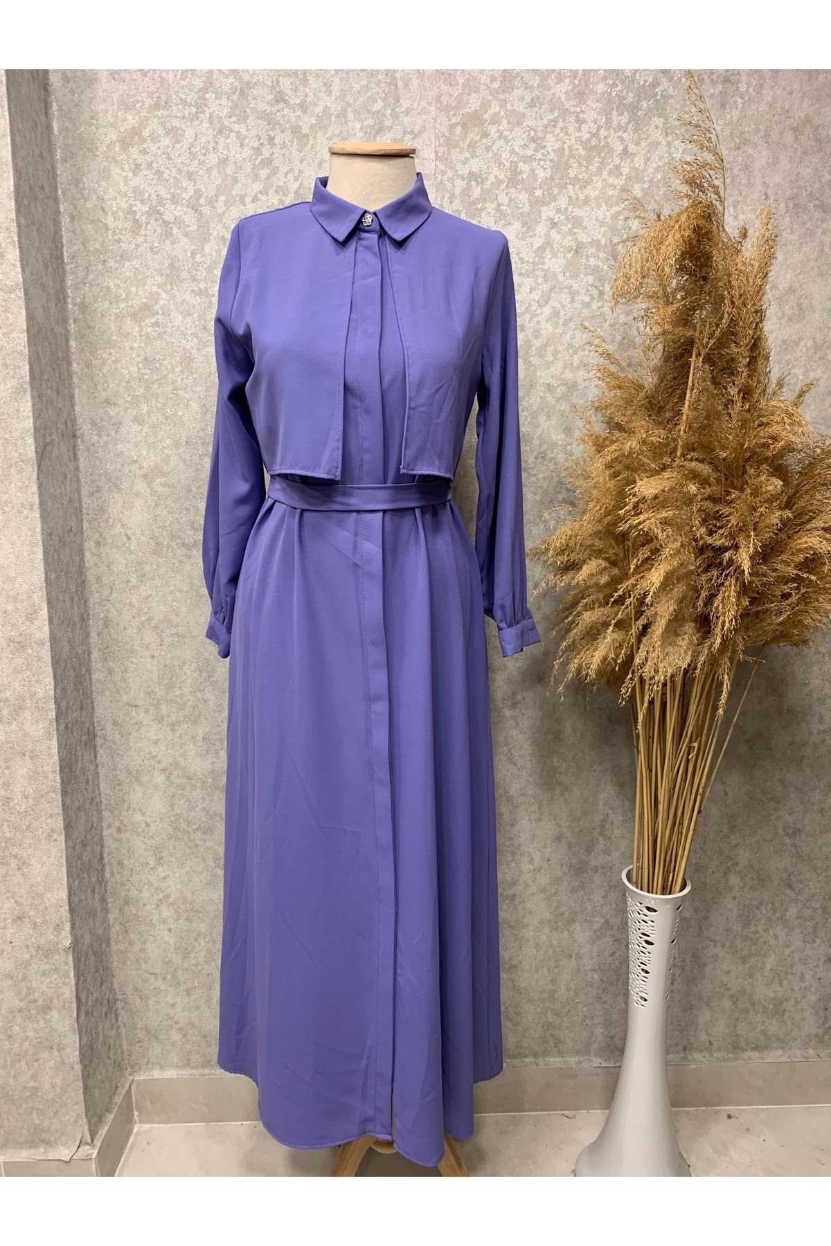 Eylül 25Y1902 ABAYA GİZLİ PATLI BELİ KUŞAKLI LİLA