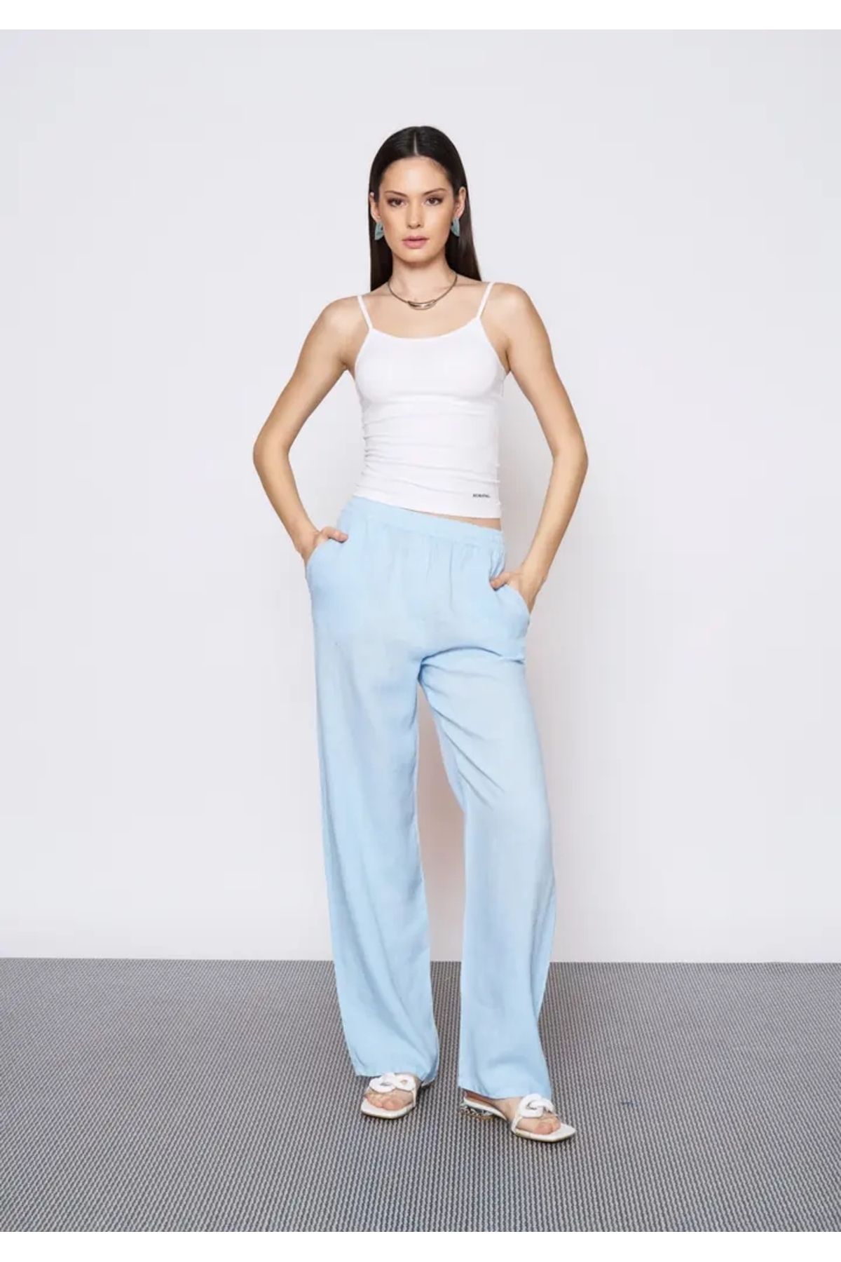 EUROFASHION Bebe Mavi Beli Lastikli Keten Pantolon