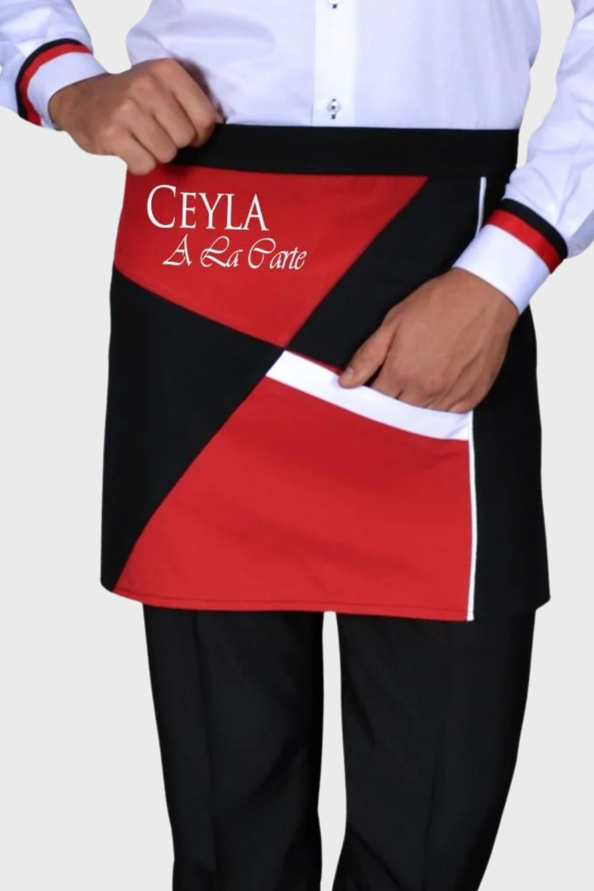 Üniformanya İsim Hediyeli Cepli Siyah Kırmızı Garson Önlüğü Unisex Kurumsal Restaurant Cafe Komi Şef Aşçı Önlük