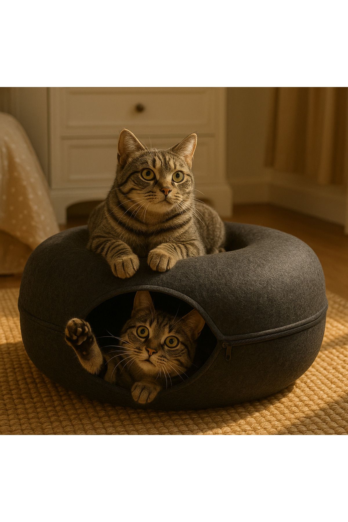 Prime Kedi Tüneli ve Yatağı 2 Katlı Oyun ve Dinlenme Alanı Fermuarlı, Taşınabilir, Modern Tasarım Antrasit