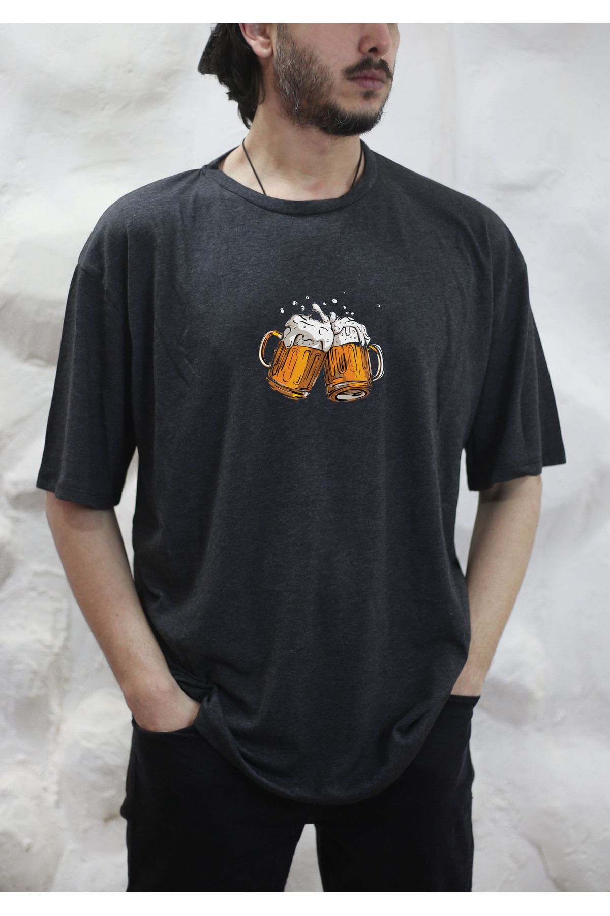 sielta Bira Beer Baskılı Oversize Erkek Pamuklu Antrasit Tişört T-shirt