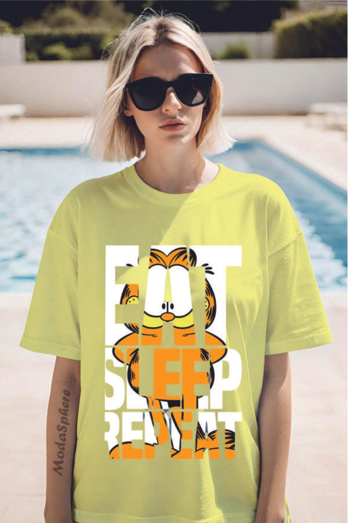 ModaSphere GARFIELD EAT Baskılı Bisiklet Yaka Unisex Oversize Tişört