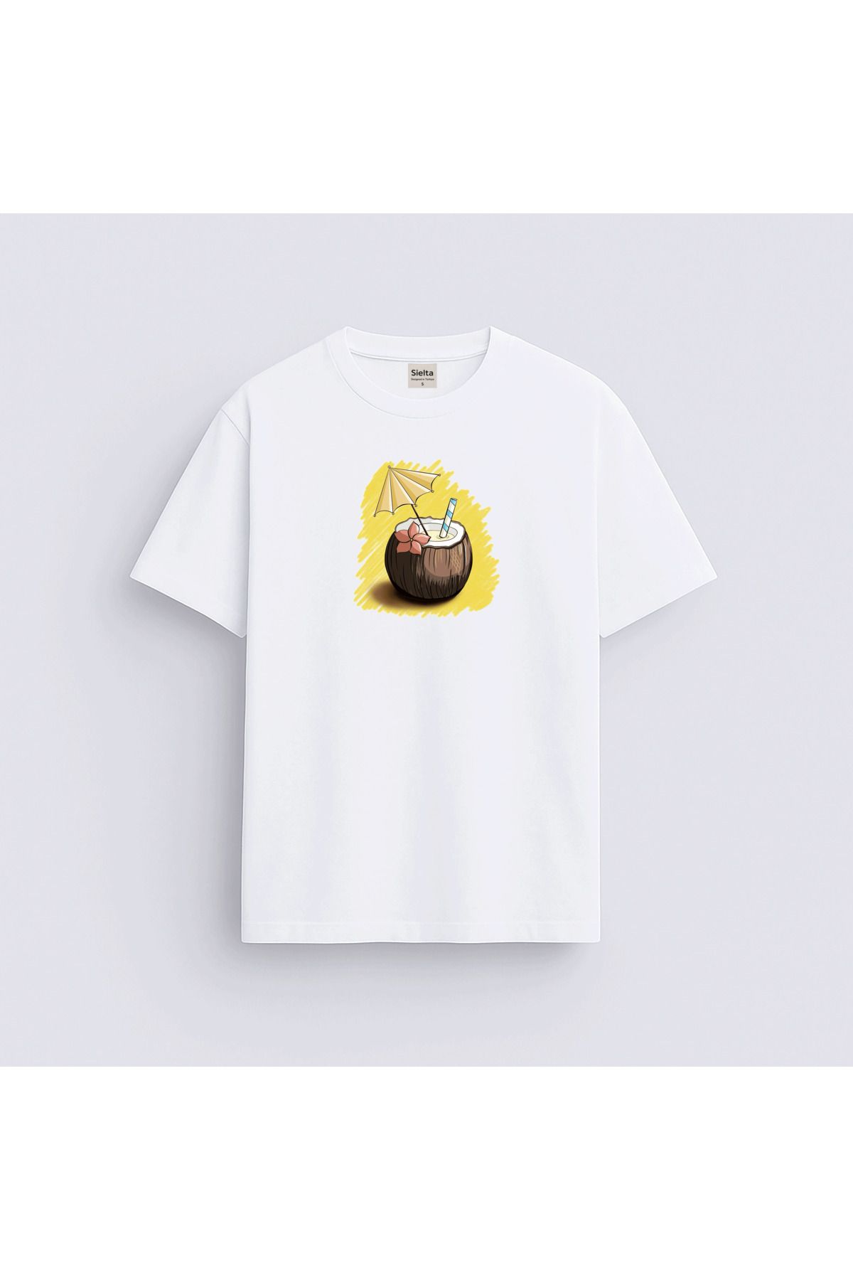 sielta Hindistan Cevizi Coconut Baskılı Unisex Kadın Erkek Bisiklet Yaka T-Shirt Tişört