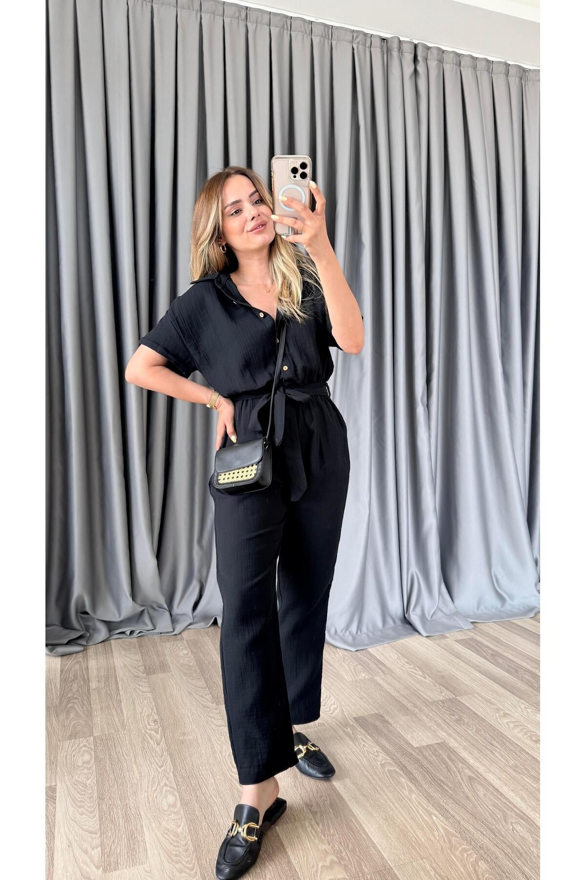 pelin yıldız butik Valencia Beli Bağlamalı Gömlek Yaka Uzun Tulum
