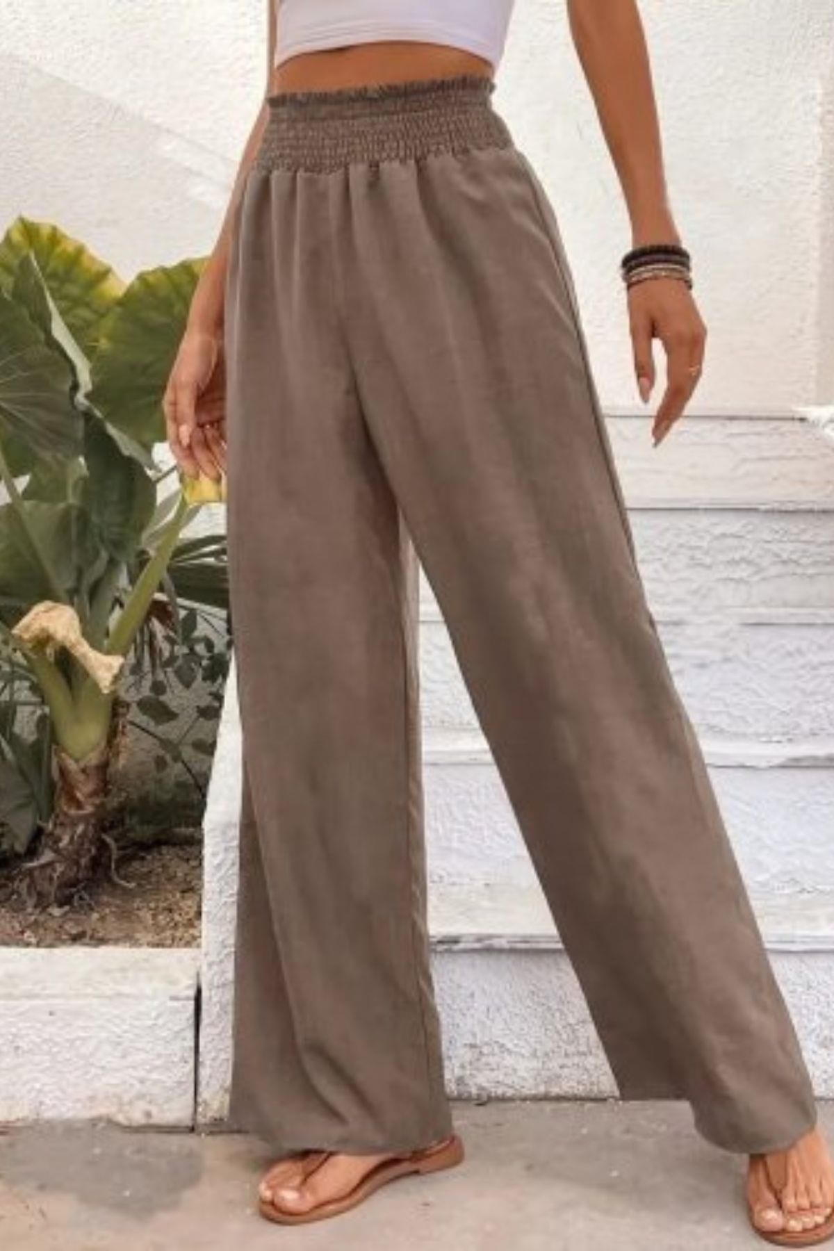 DÖPİYES Lastikli Bel Geniş Paça Krep Pantolon