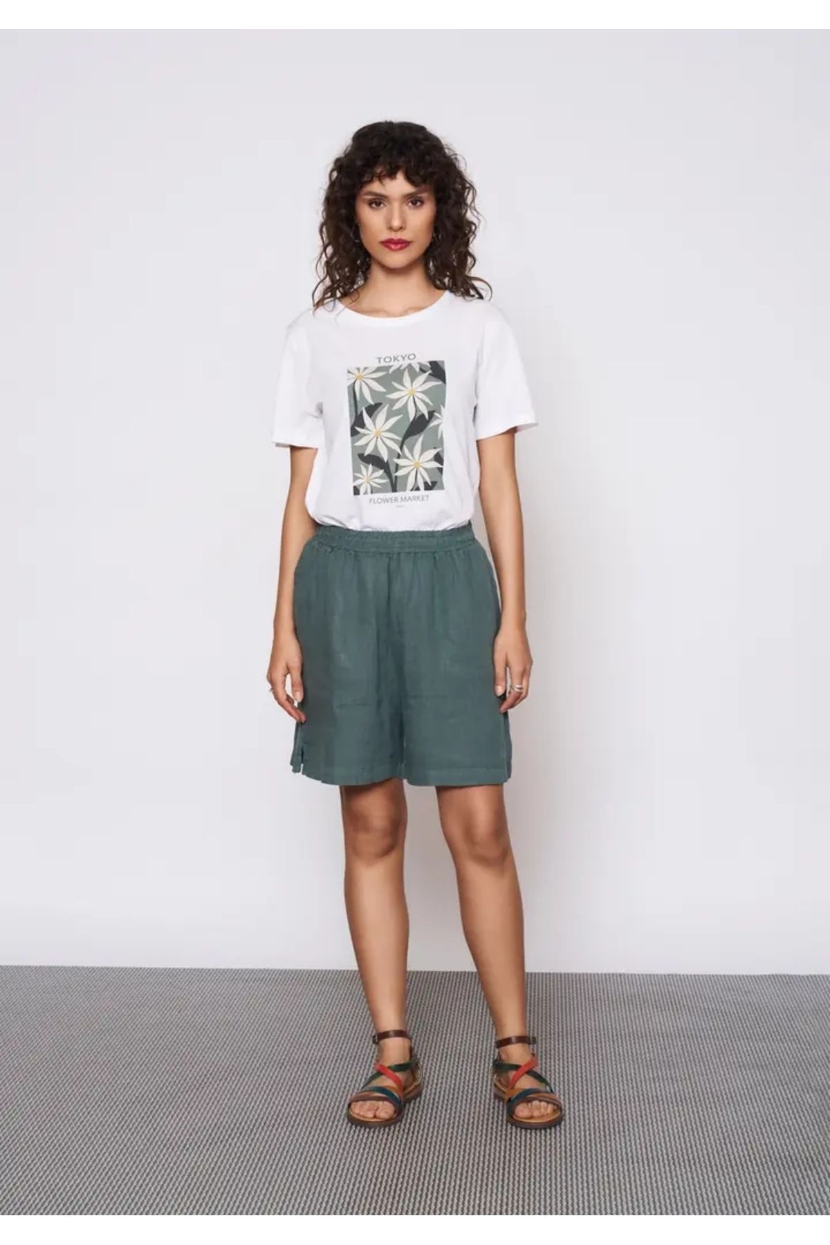 EUROFASHION Yeşil Beli Lastikli Keten Şort