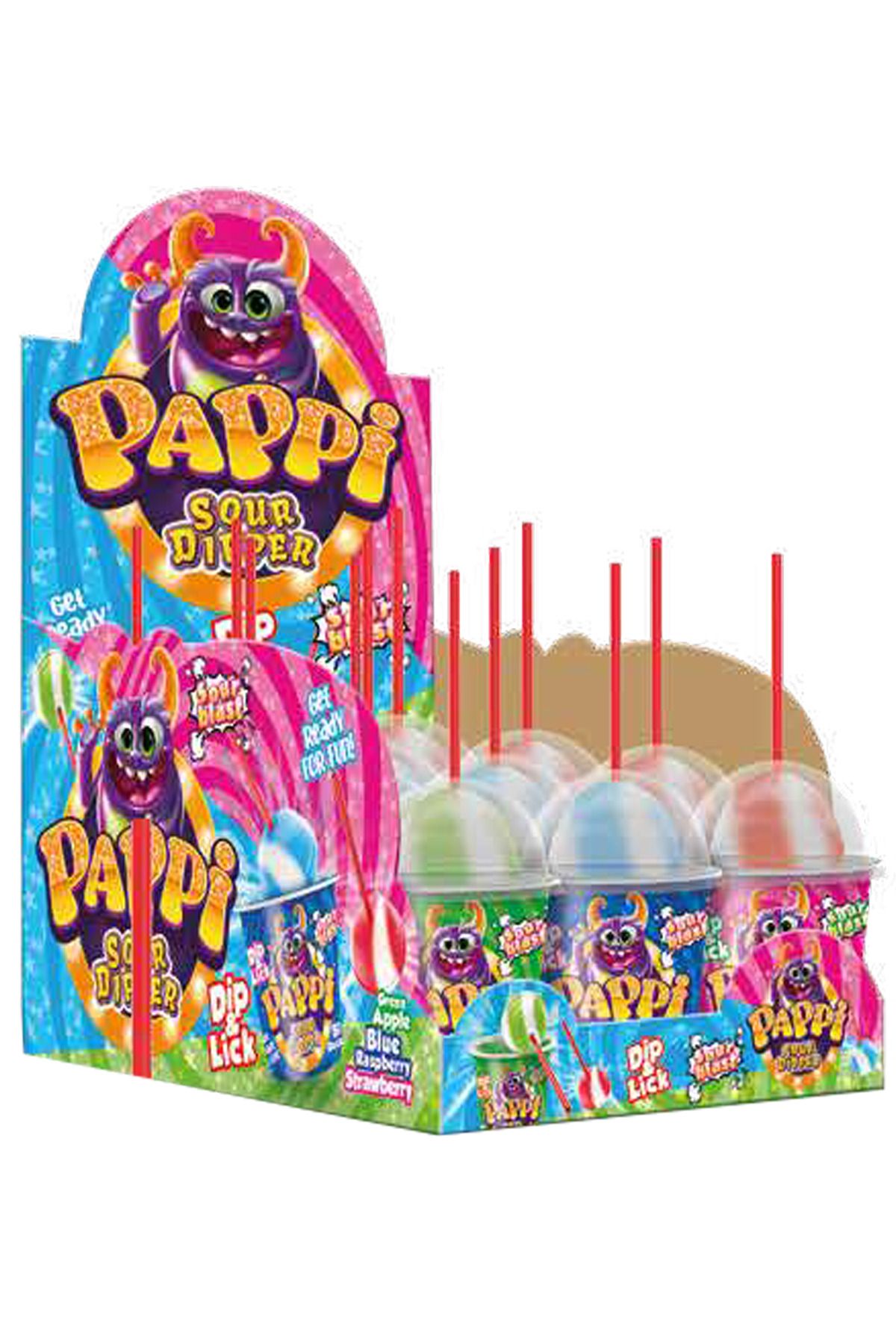 pappi Sour (Strawberry, Apple, Blue Rasberry) LIQUID JEL & Lollipop Dipper 39 Gr. x 12 Adet