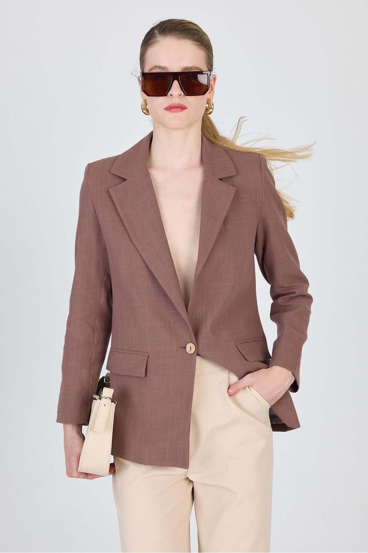 Rays Kahverengi Keten Görünümlü %100 Pamuk Astarlı Blazer Ceket 6023-3