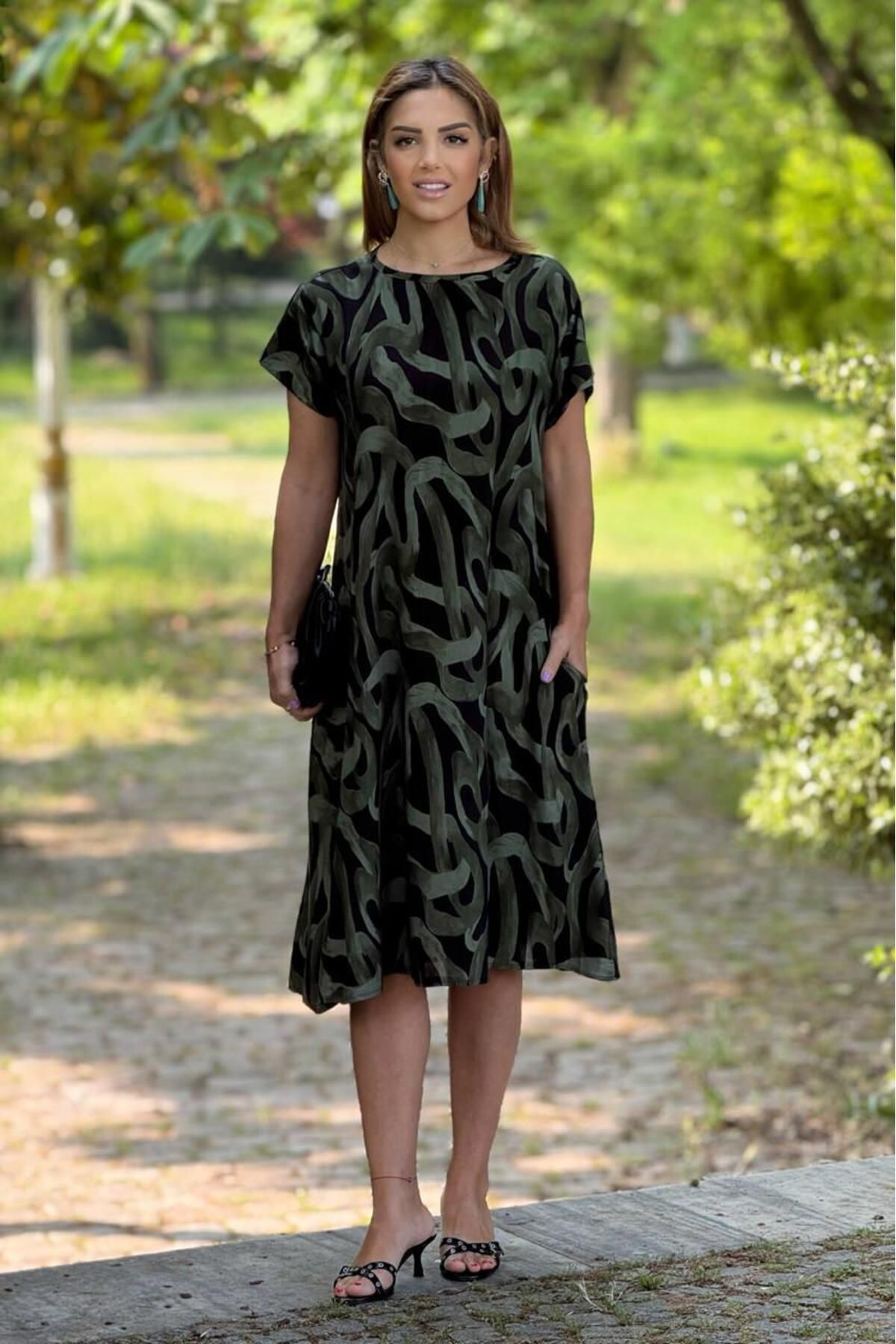 Nevin Kaya Moda Haki Sarmal Desenli Elbise