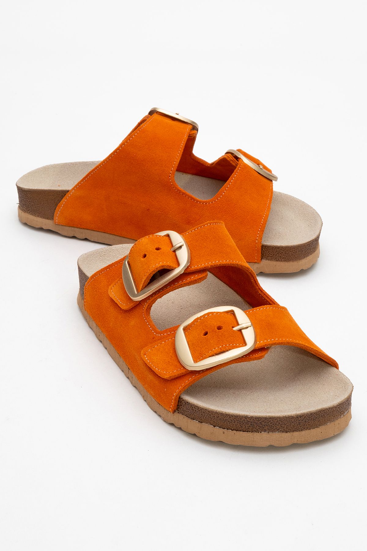 Ataköy Ayakkabı-Women's Leather Double Buckle Slippers 2