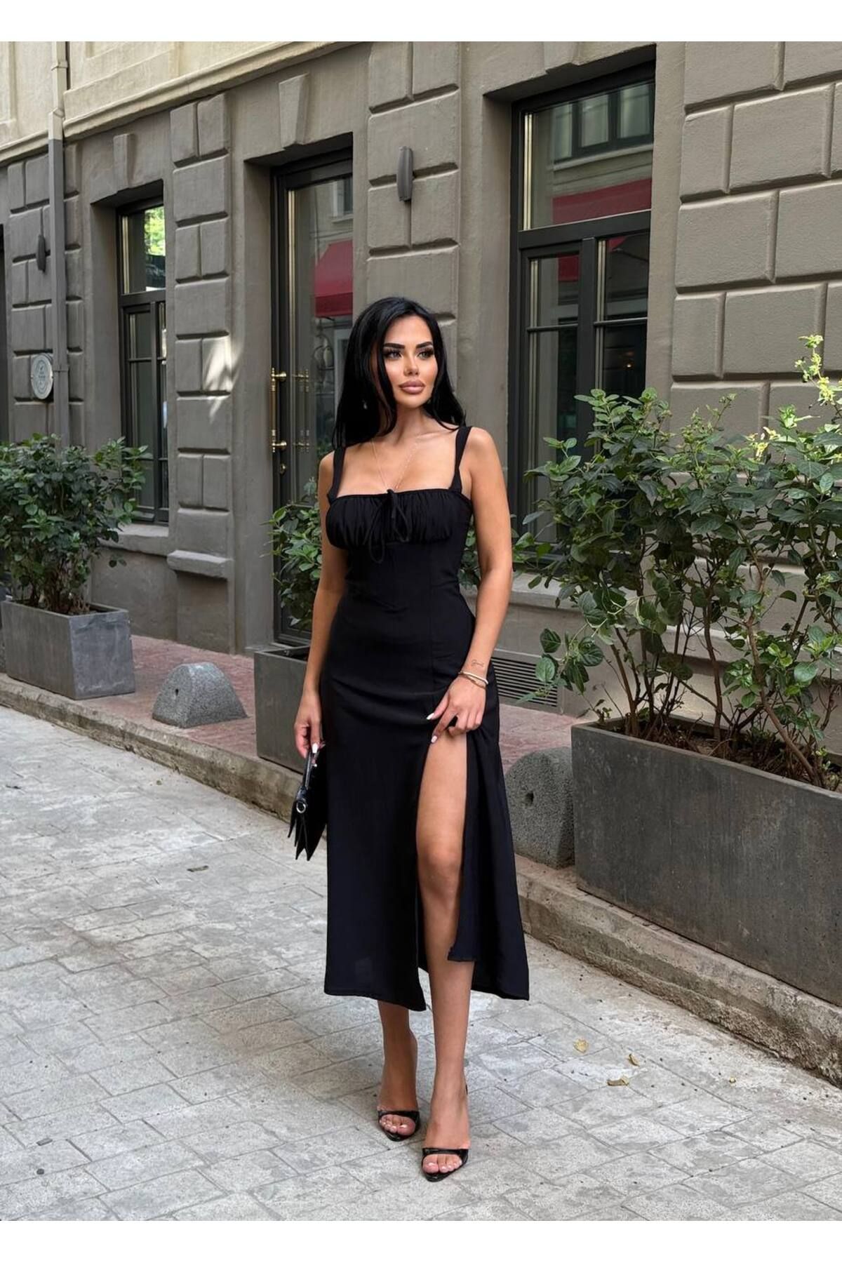VİSKALİ Askılı Uzun Drapeli Elbise