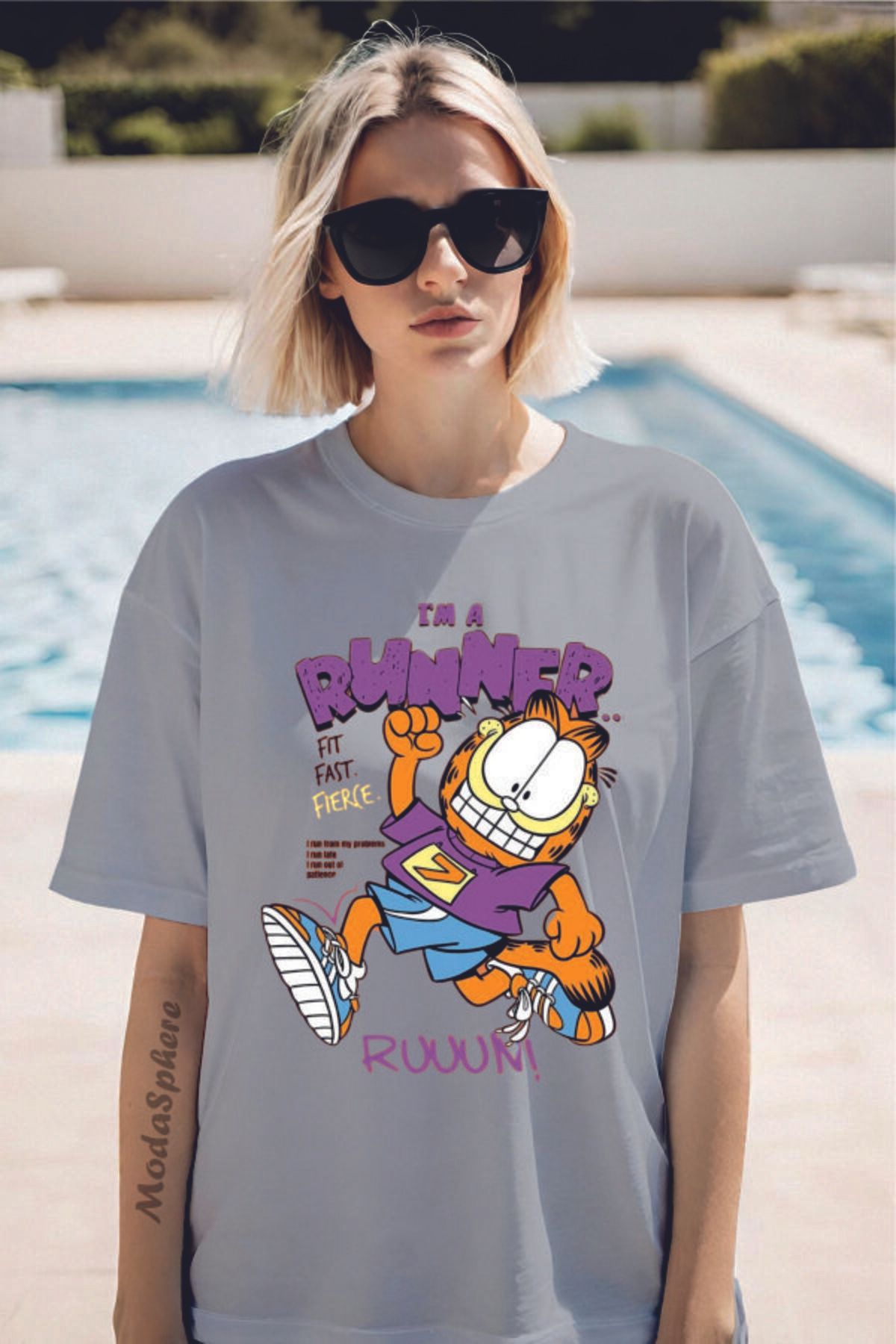 ModaSphere GARFIELD RUNNER Baskılı Bisiklet Yaka Unisex Oversize Tişört