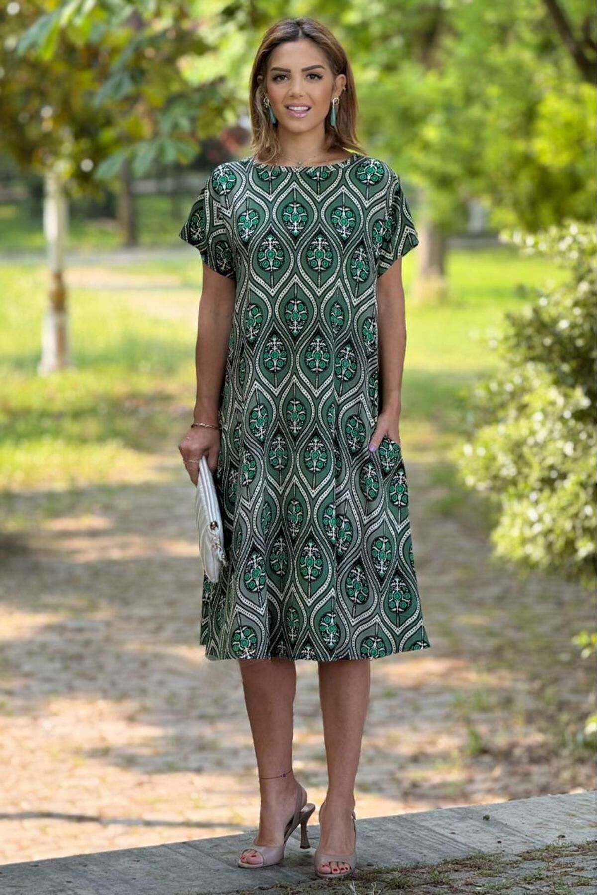 Nevin Kaya Moda Haki Alaçatı Desenli %100 Pamuk Viskon Elbise