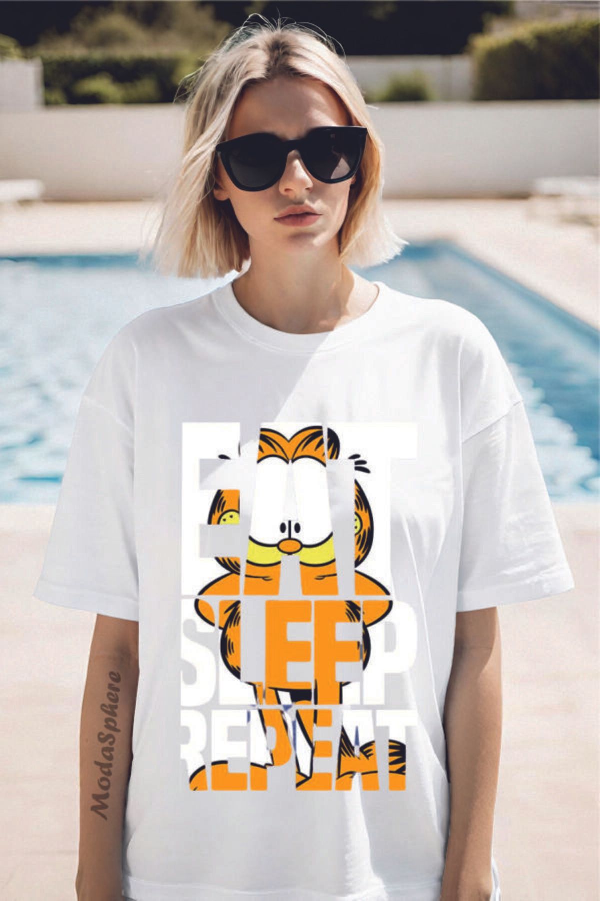 ModaSphere GARFIELD EAT Baskılı Bisiklet Yaka Unisex Oversize Tişört