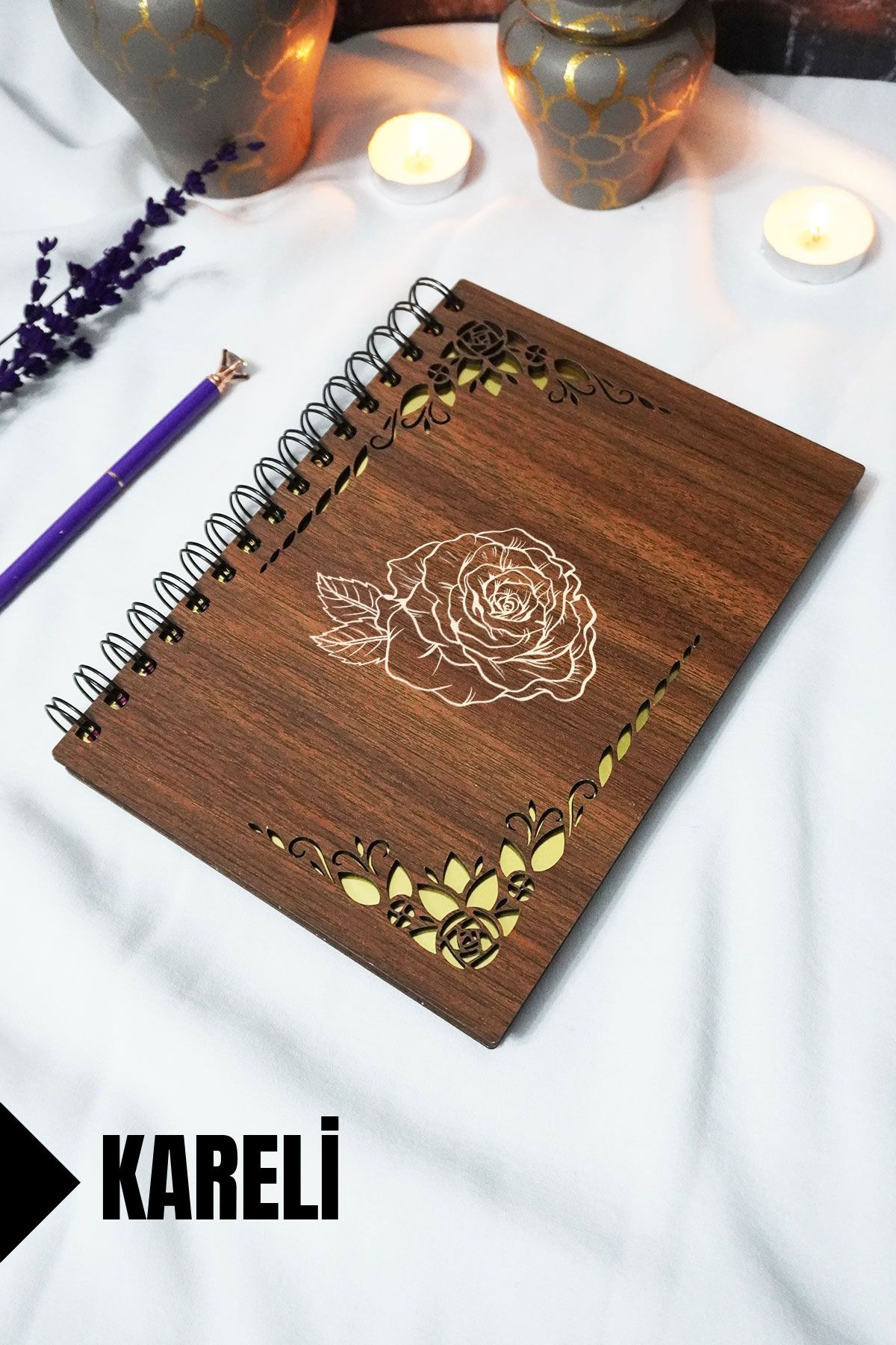 markcat Gül Ahşap Kapaklı Spiralli Okul Defteri - Çizgili Defter - 60 yaprak (120 sayfa) - A5 15x21 cm