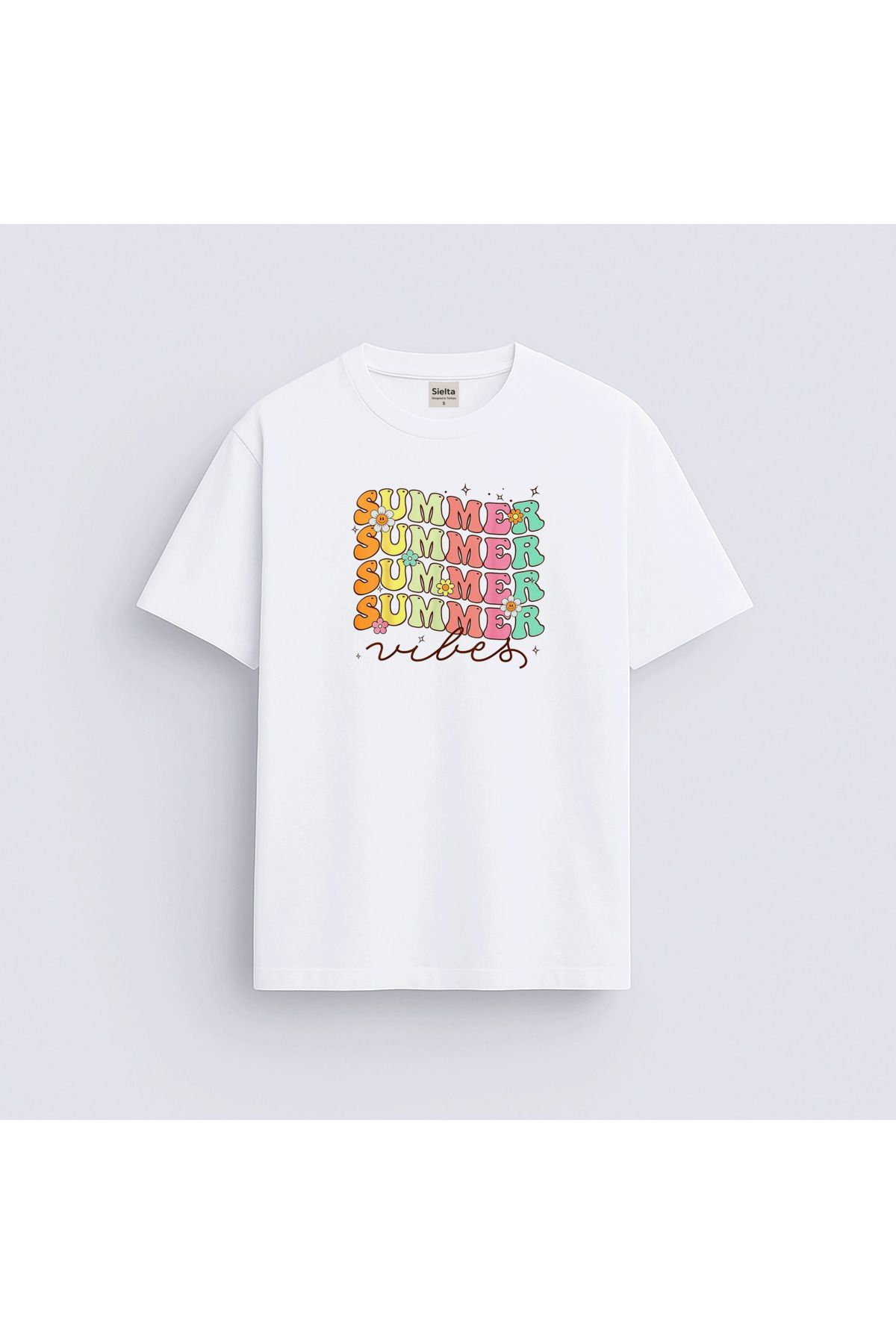sielta Renkli Summer Yazı Baskılı Unisex Kadın Erkek Bisiklet Yaka T-Shirt Tişört