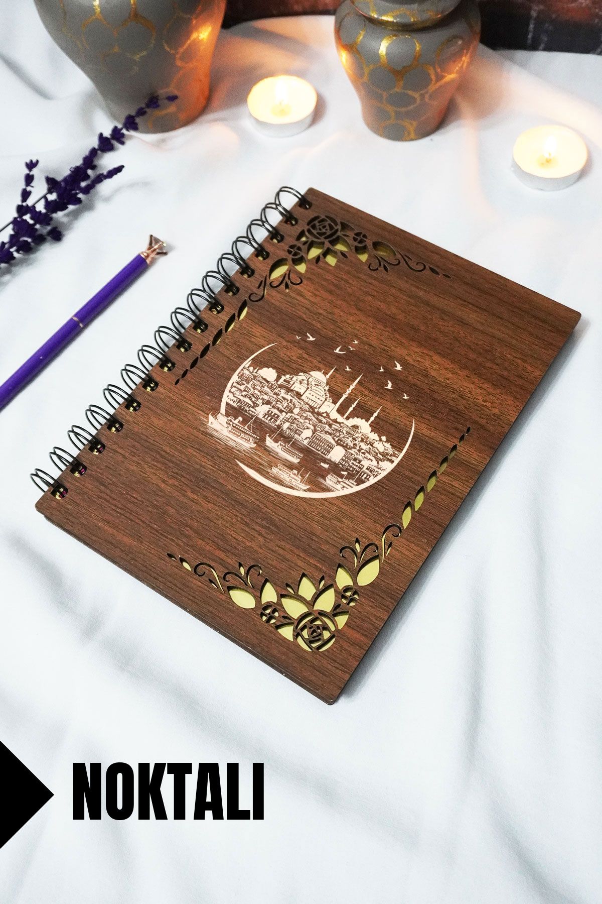 markcat İstanbul Ahşap Kapaklı Spiralli Okul Defteri - Noktalı Defter - 60 Yaprak (120 SAYFA) - A5 15x21 Cm