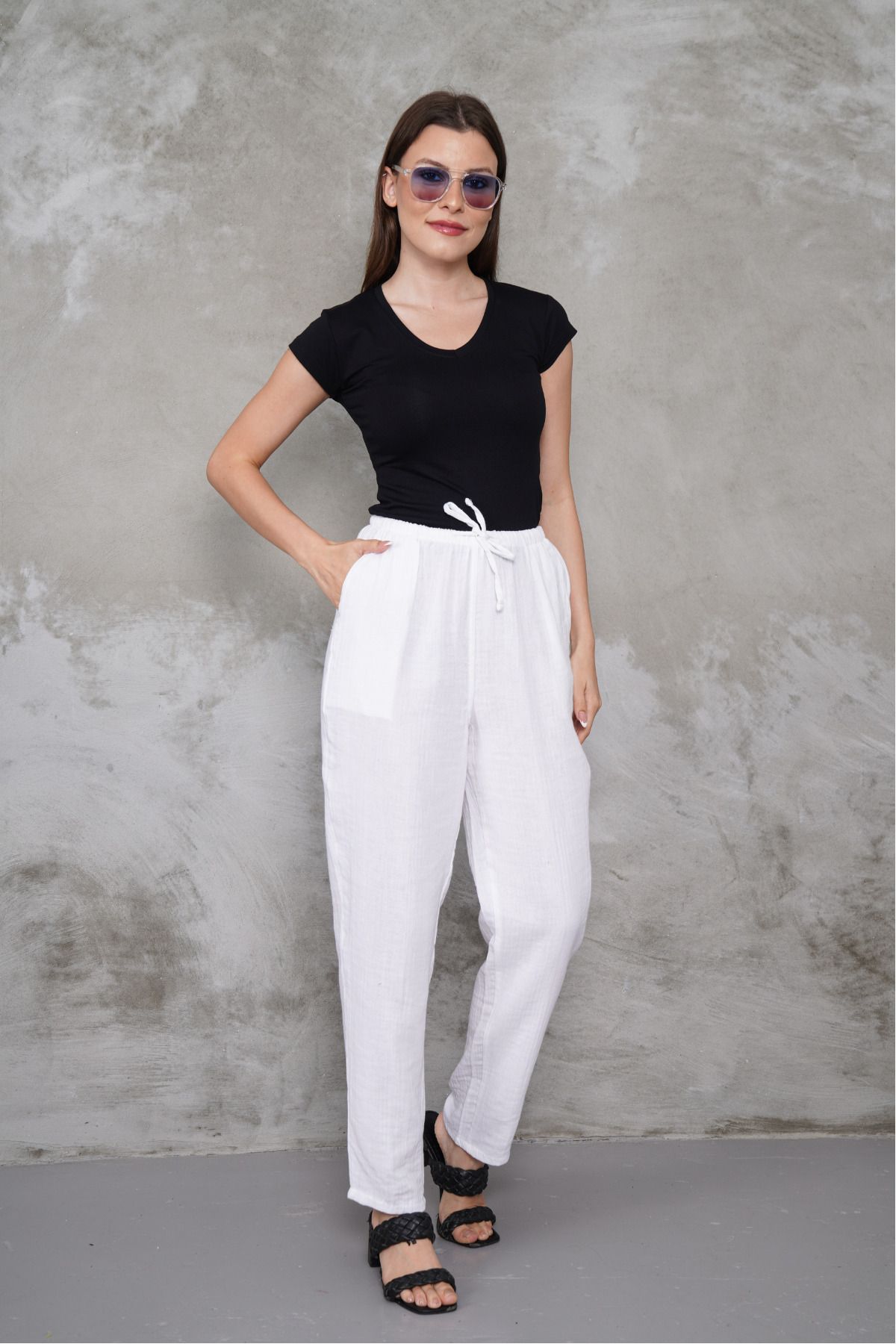macharel jeans Müslin Düz Paça Cepli Pantolon