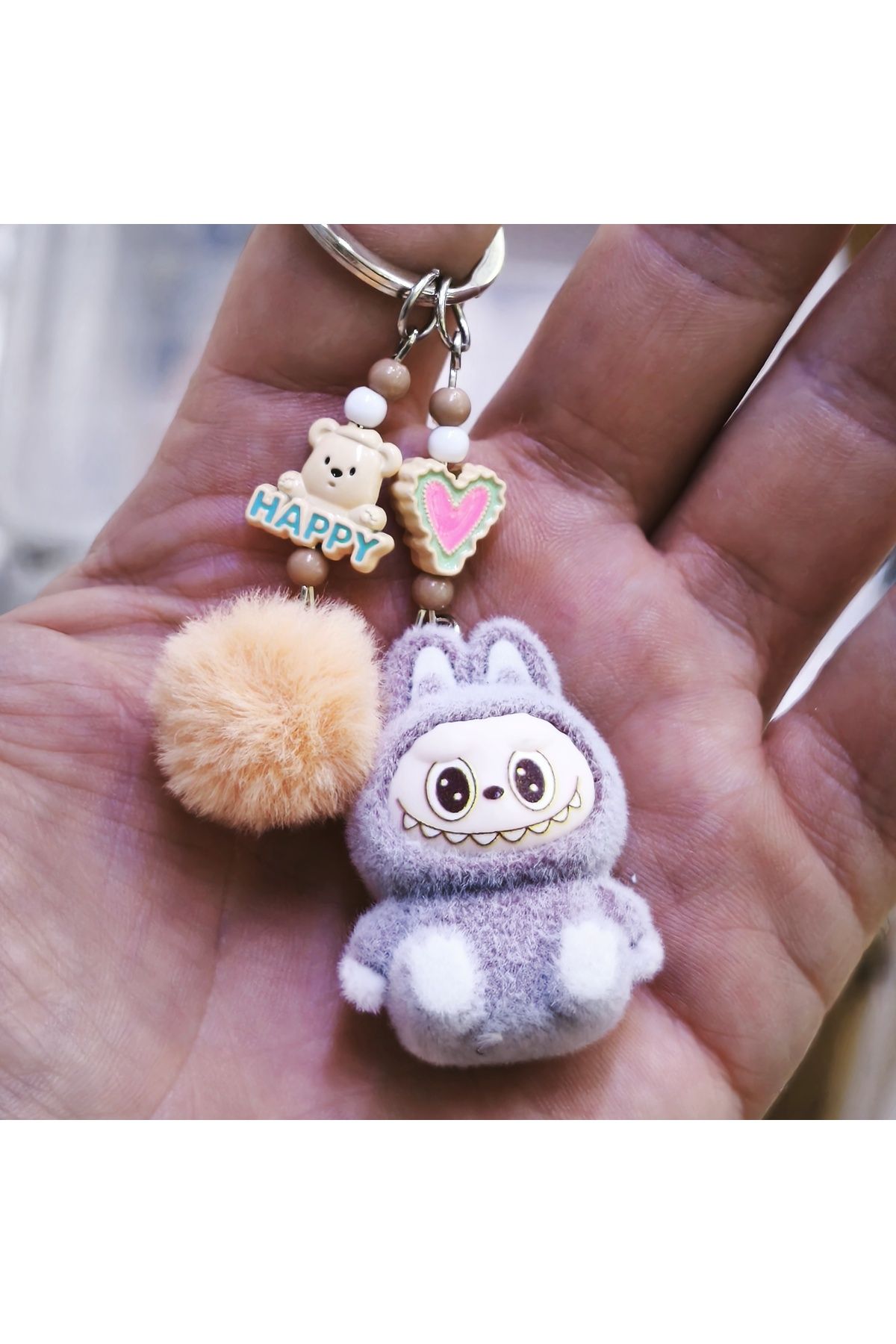 Acousticworld-Cute Monsters Labubu Furry Keychain Gray 3