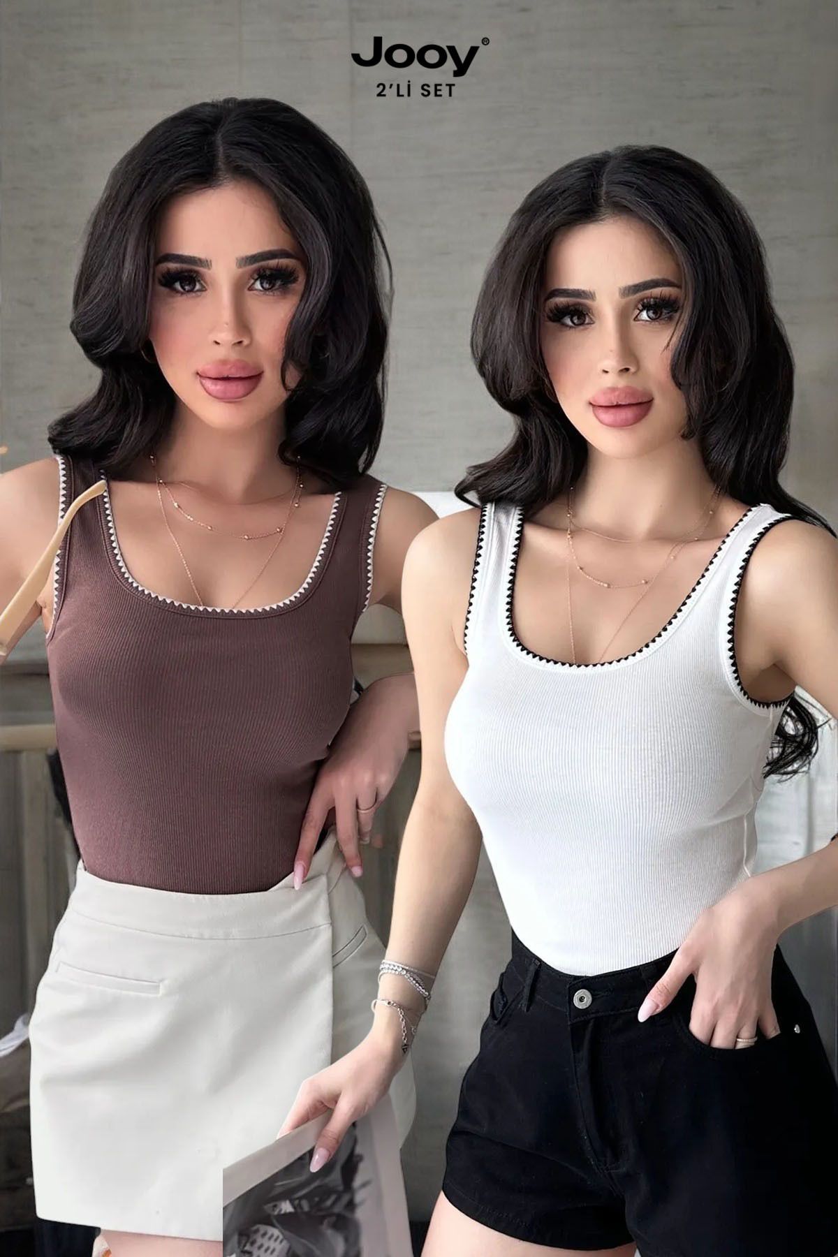 Jooy 2'li Ekonomik Paket Nakış Detaylı %100 Pamuklu Kalın Askılı Bluz Atlet