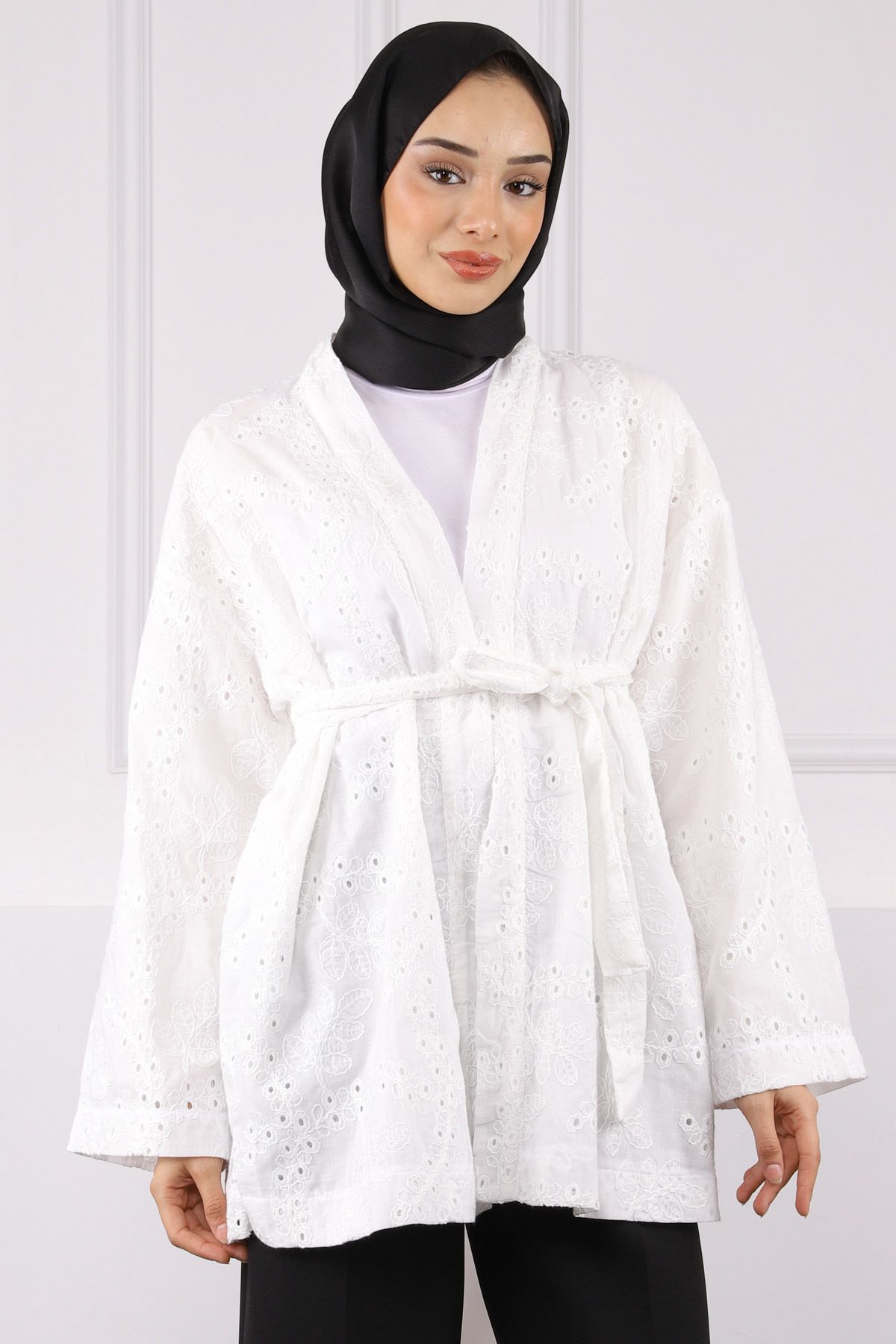 İmajButik Ekru Bel Kuşaklı Kimono