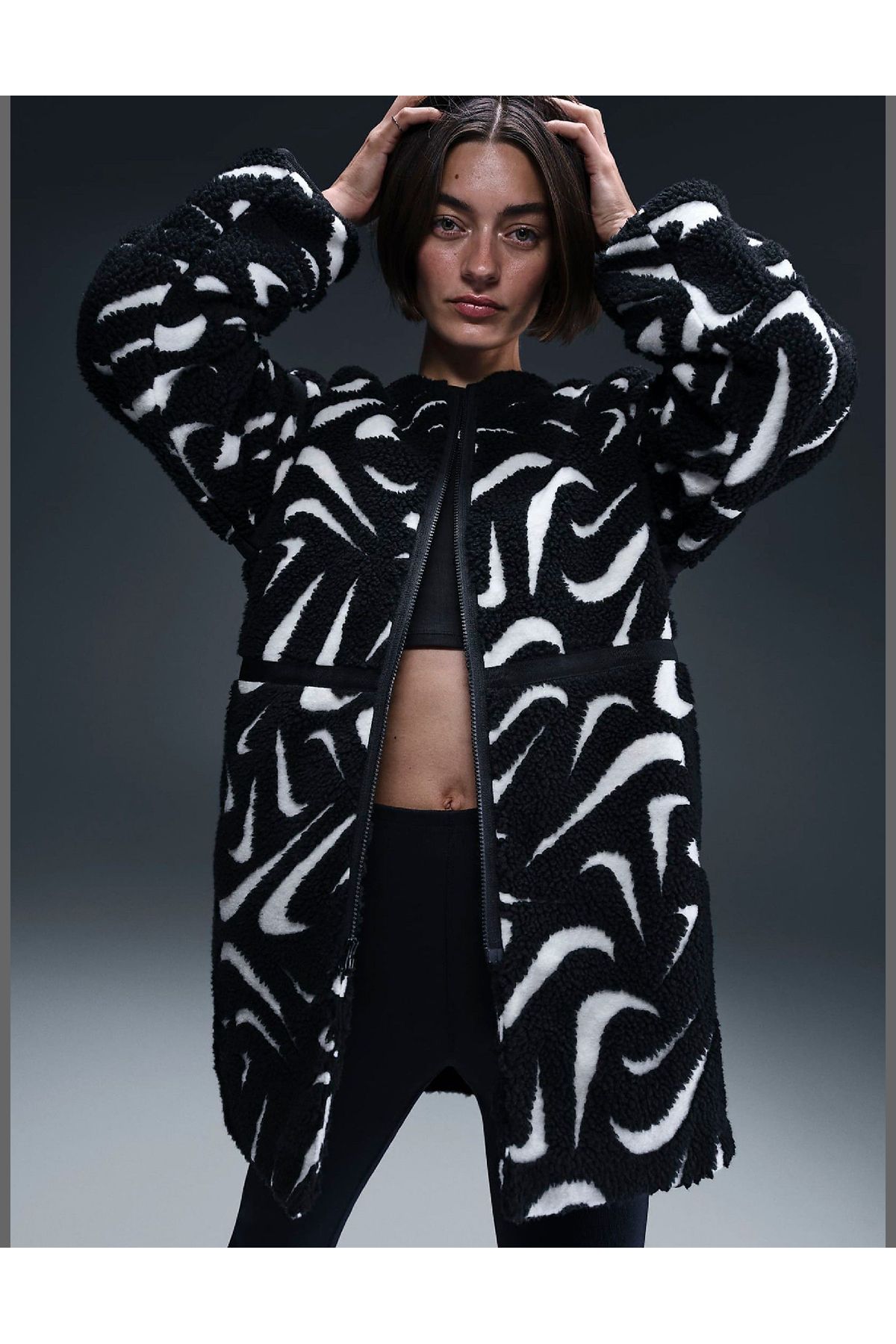 Nike Sportswear Cozy Long-Haired All-Over Swoosh Logo Lined Loose Full-Zip Kadın Ceket KZY SPORT