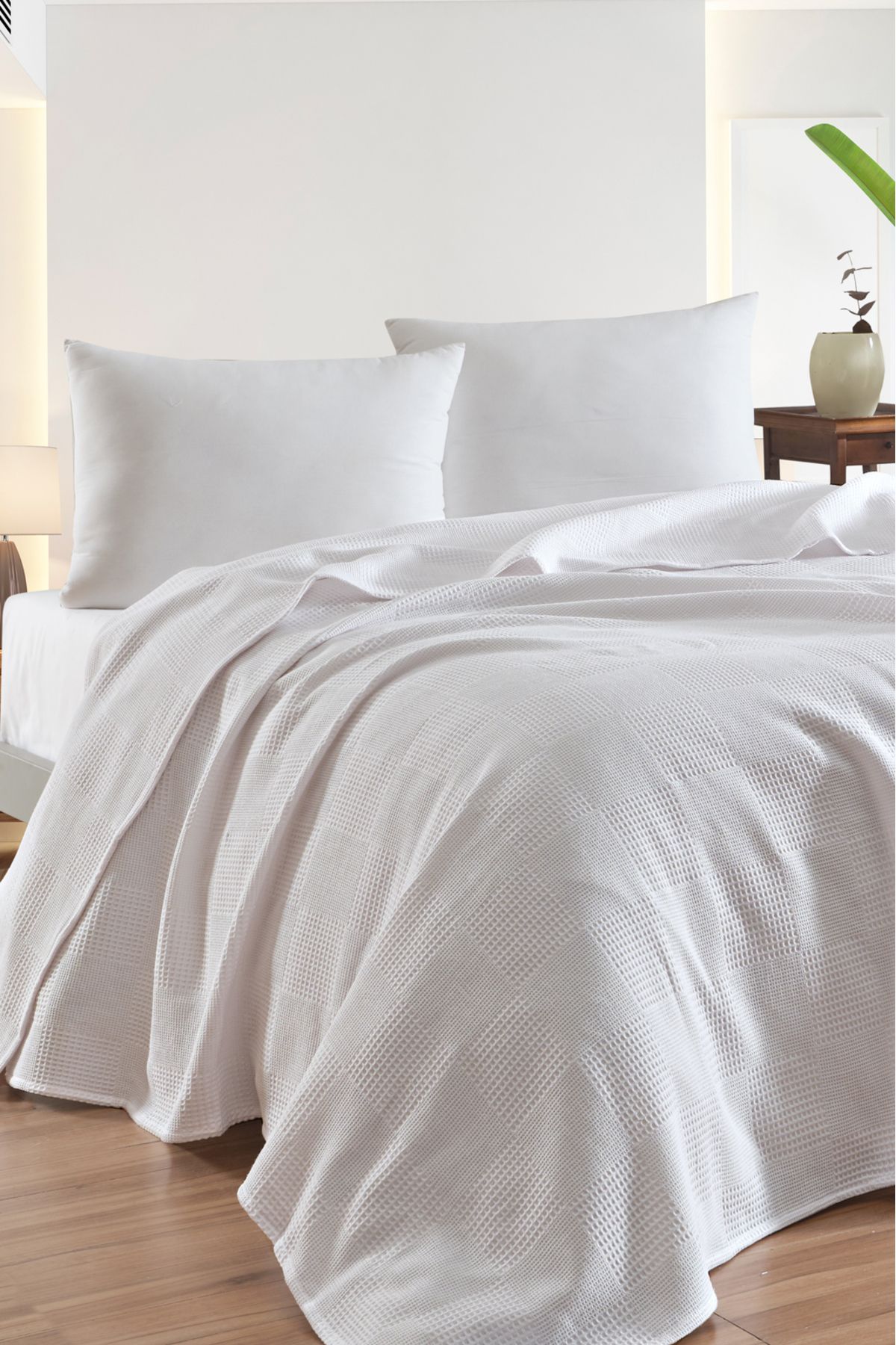 Eponj Home Çift Kişilik %100 Pamuk Pike Örtü 200x230 cm – Karo Desenli Beyaz – Weave Serisi