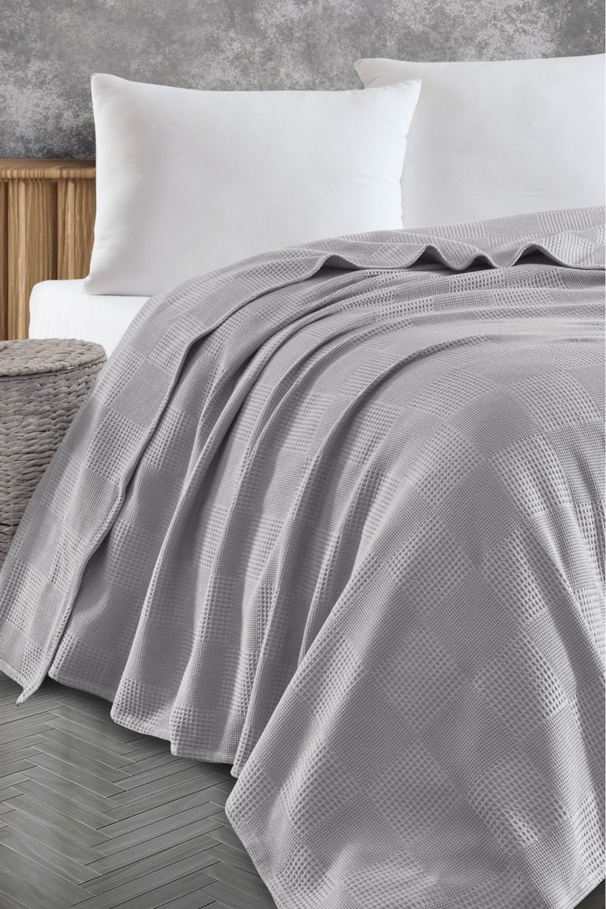 Eponj Home Tek Kişilik %100 Pamuk Pike Örtü 160x230 cm – Karo Desenli Gri – Weave Serisi