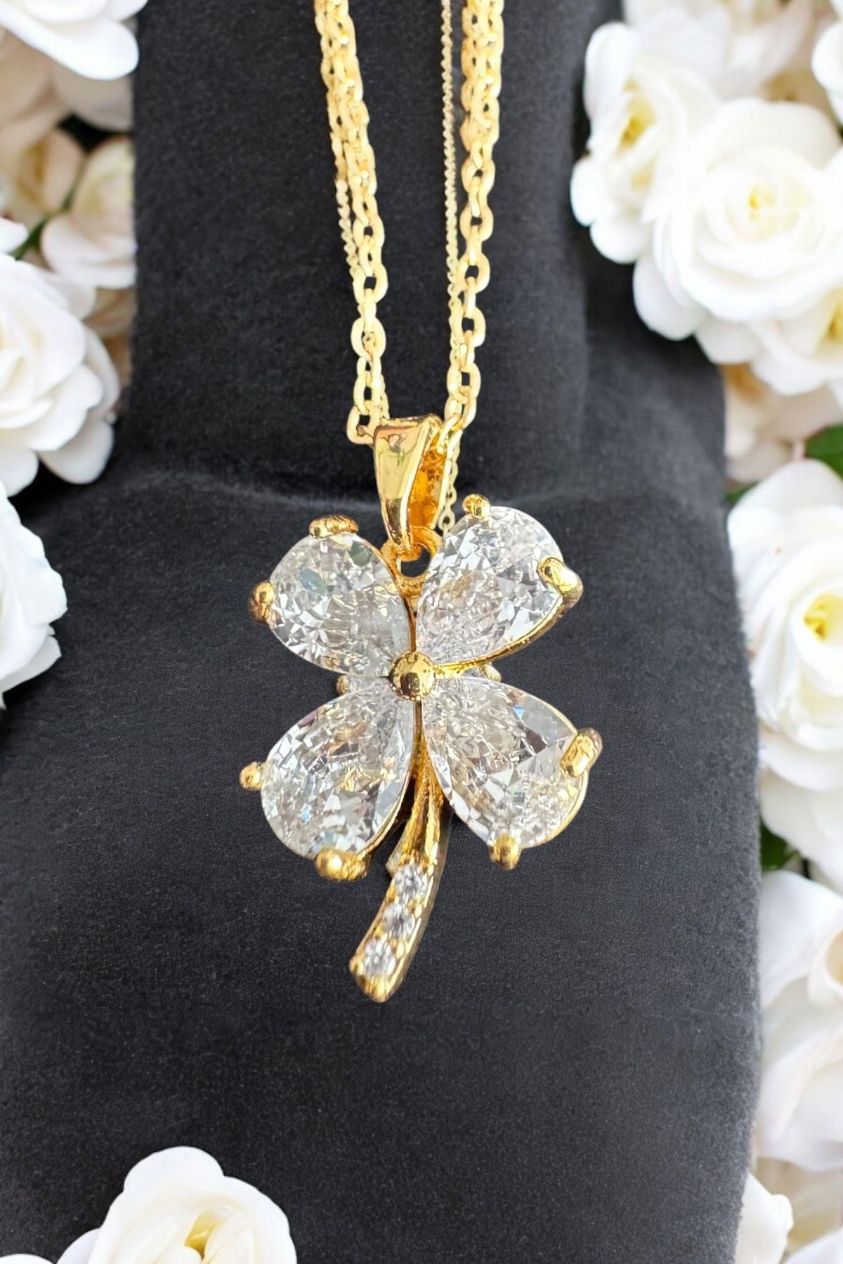 Raneel Kazançlı Alışveriş Zincir Taşlı Yonca Kolye Gold