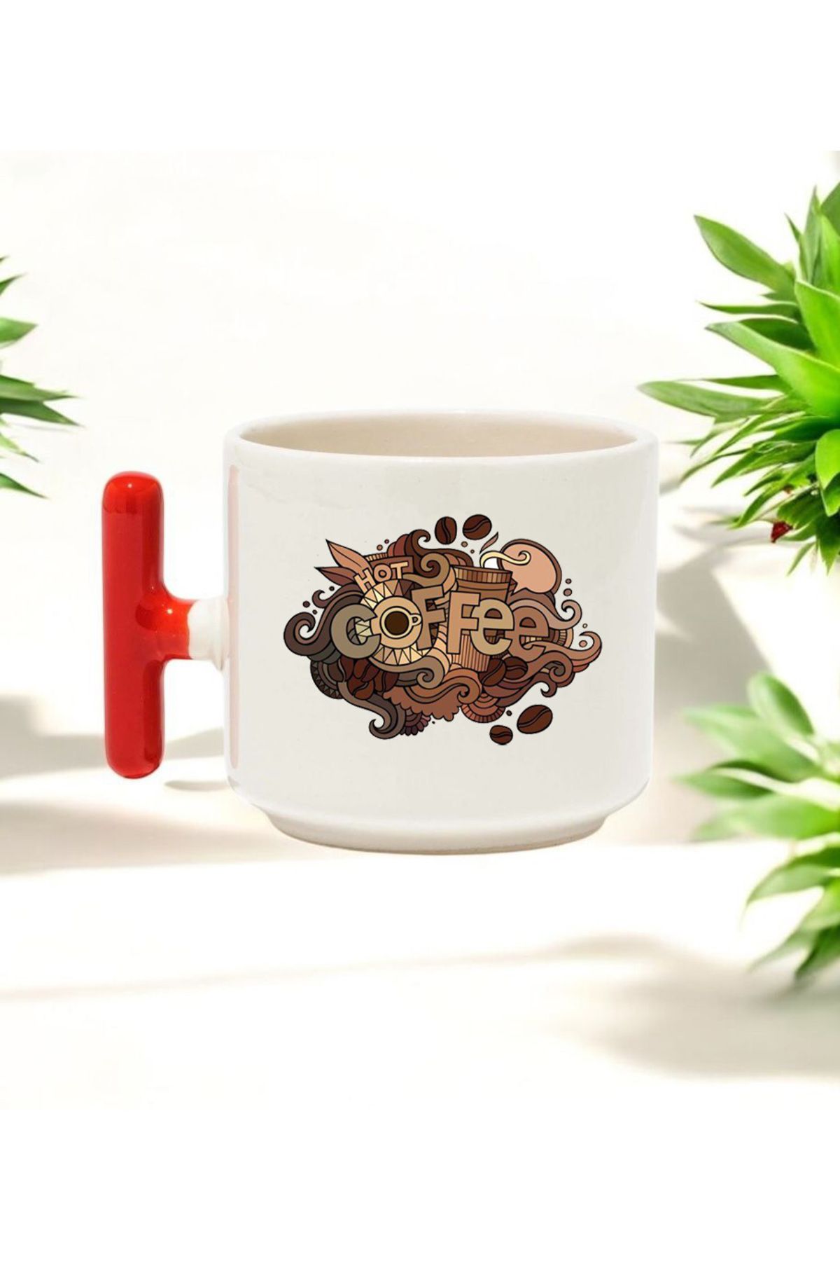 BB TRADE Hot Coffee Tasarımlı Kırmızı T Kulplu Seramik Baskılı Kupa Bardak 250 ML