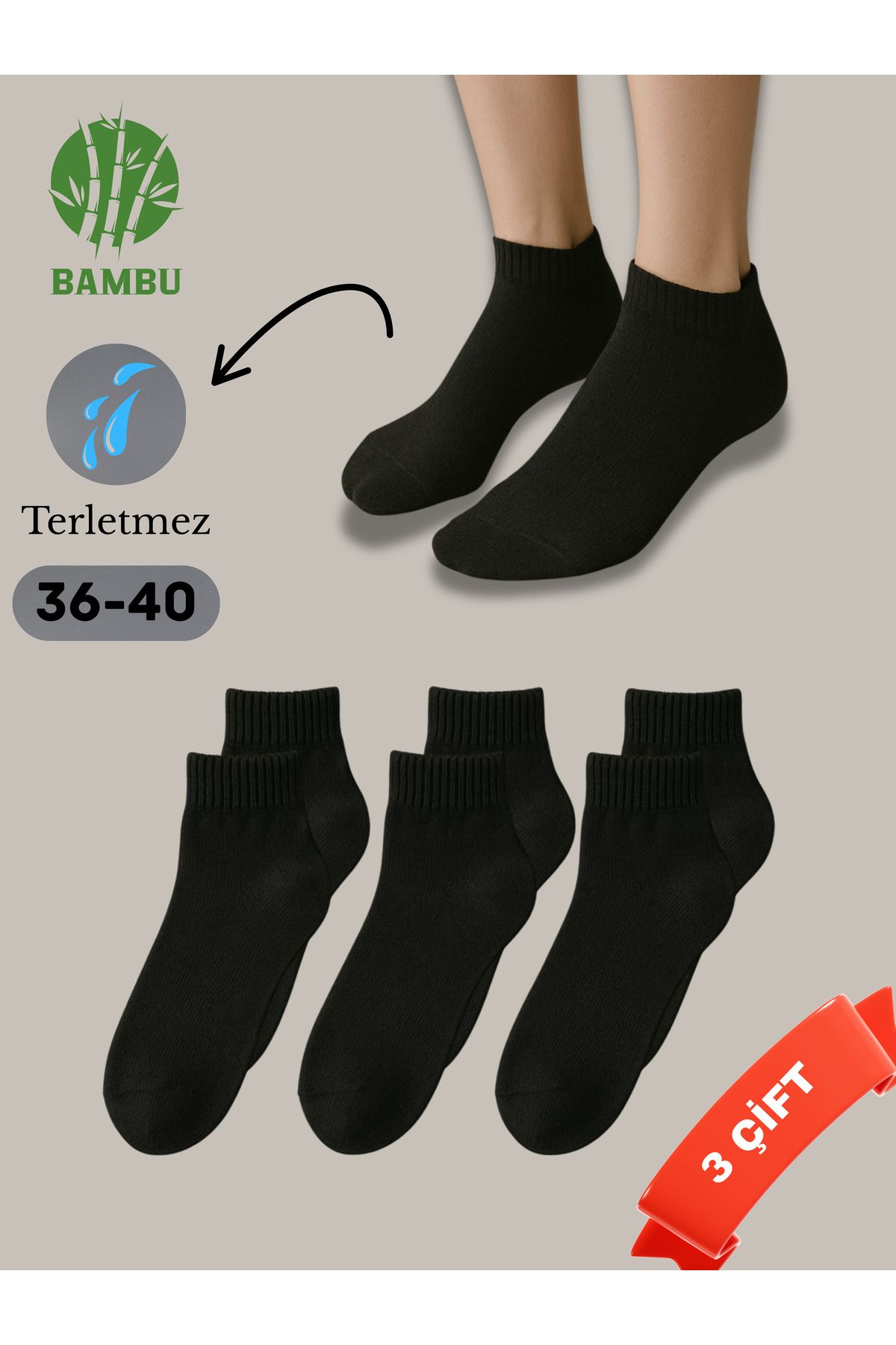 Home Bambu Kadın Patik Siyah Çorap Dikişsiz 3'lü Paket