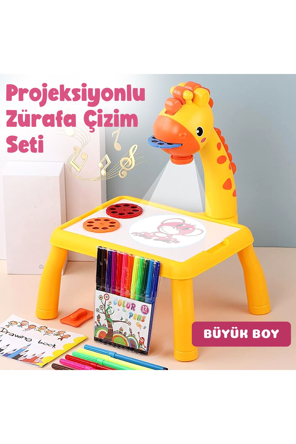 MODA Projeksiyonlu Turuncu Zürafa Büyük Boy Çizim Seti, 12 Renk Boya Kalemi Seti Ve Çizim Defteri