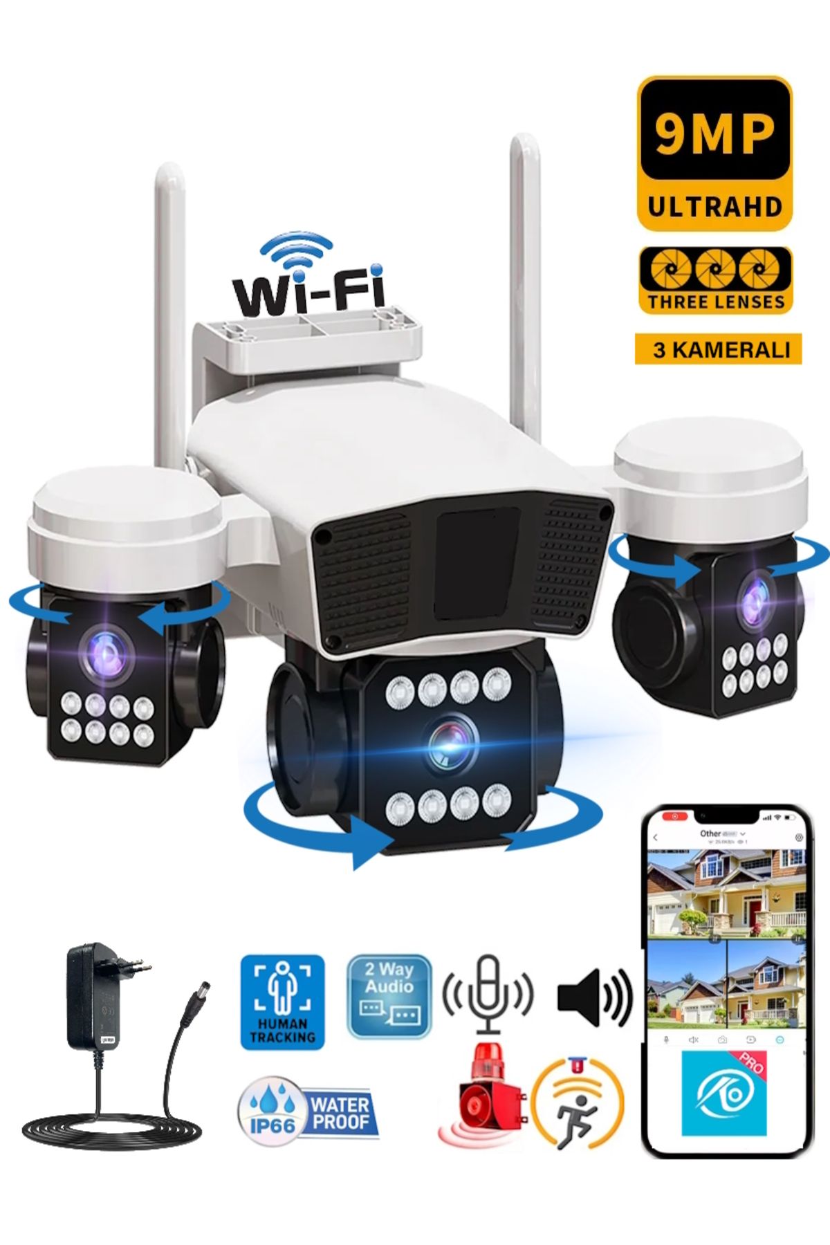 Ventus O-Kam 3036, Üç Kameralı 3MP + 3MP + 3MP WiFi Akıllı Kamera, Yapay Zeka, İnsan Algılama, Uzak İzleme