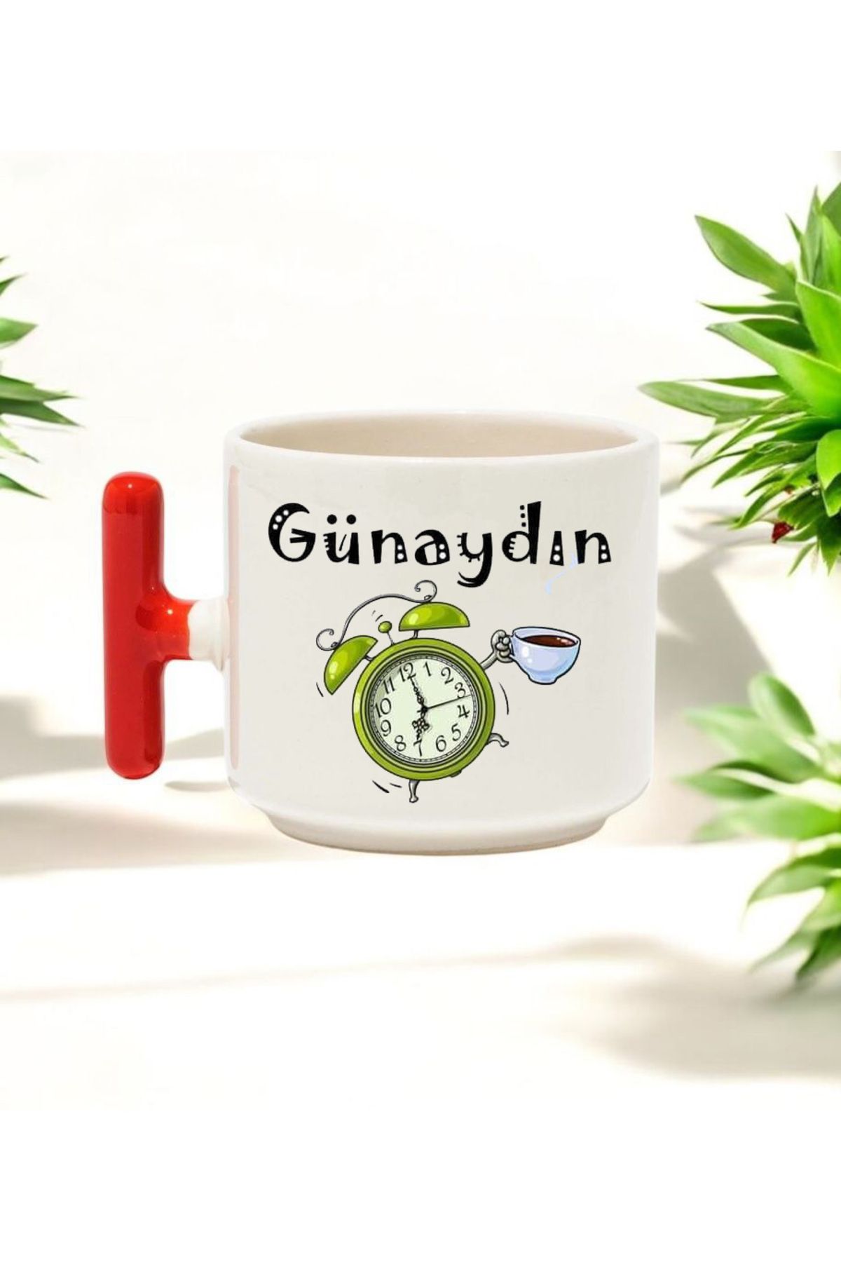 BB TRADE Günaydın Tasarımlı Kırmızı T Kulplu Seramik Baskılı Kupa Bardak 250 ML