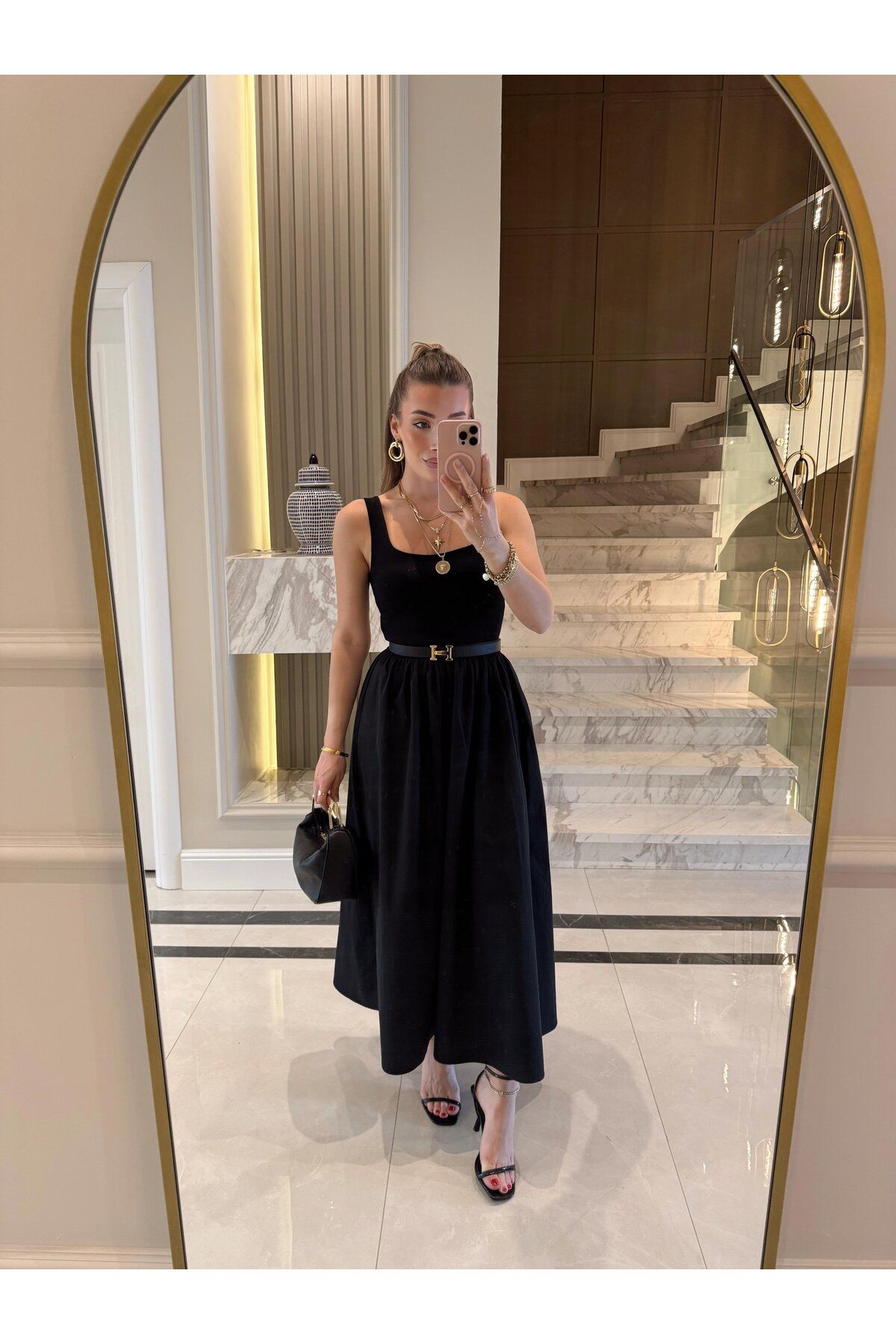 Hotfashion KARE YAKA SIFIR KOLLU KLOŞ ELBİSE