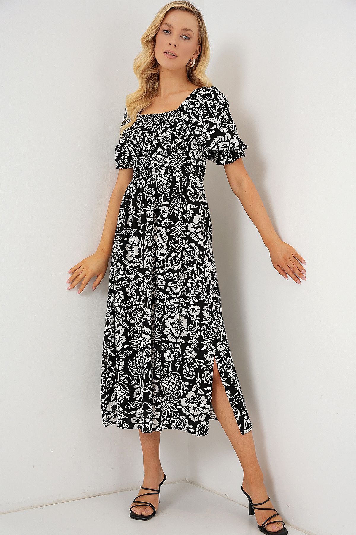 Bigdart-2512 Gemustertes Schlitzkleid - D. Schwarz 2