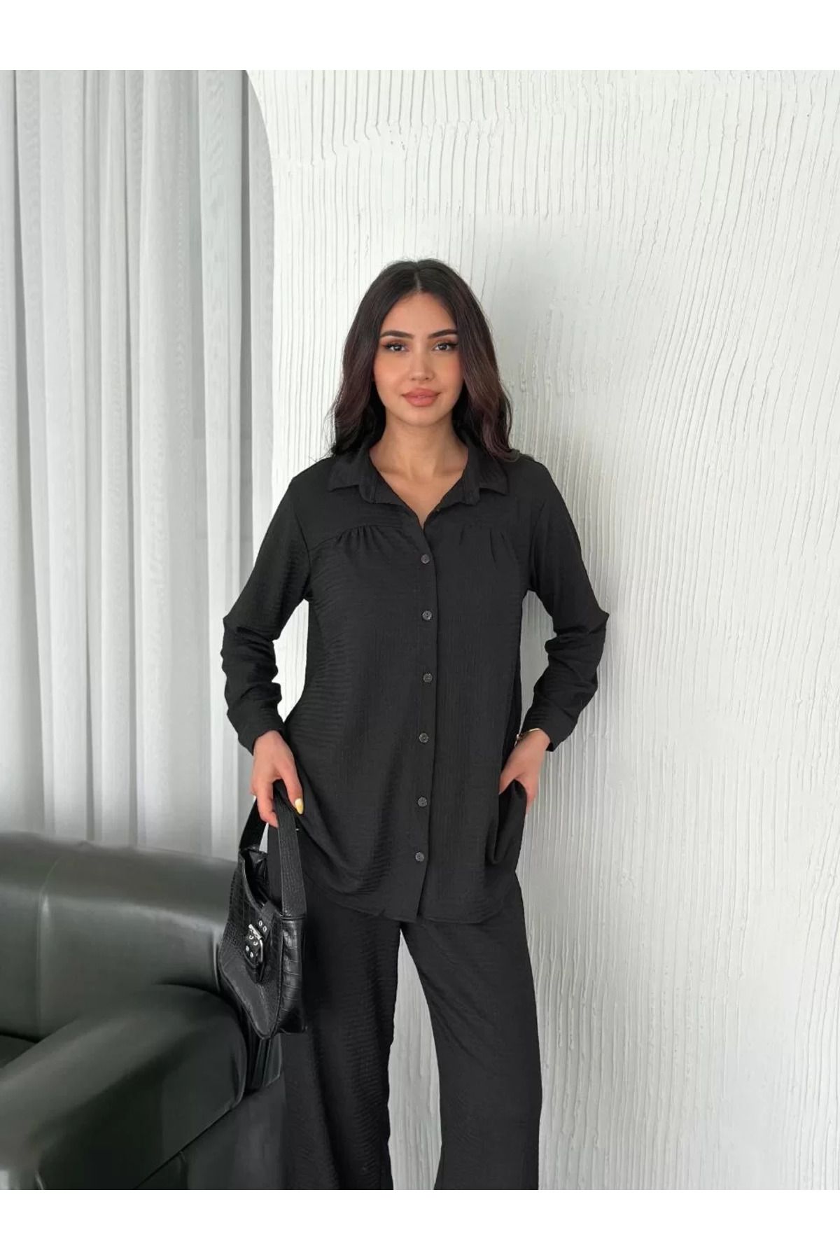 C&Z Collection Yakalı Düğmeli Uzun Kollu Gömlek Pantolon ikili Takım - Siyah