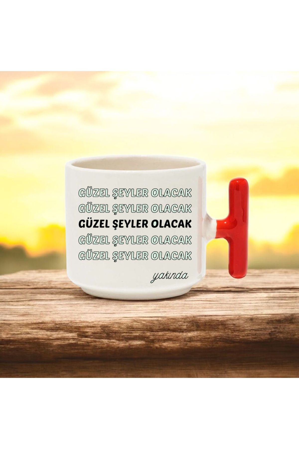 BB TRADE Güzel Şeyler Olacak Tasarımlı Kırmızı T Kulplu Seramik Baskılı Kupa Bardak 250 ML