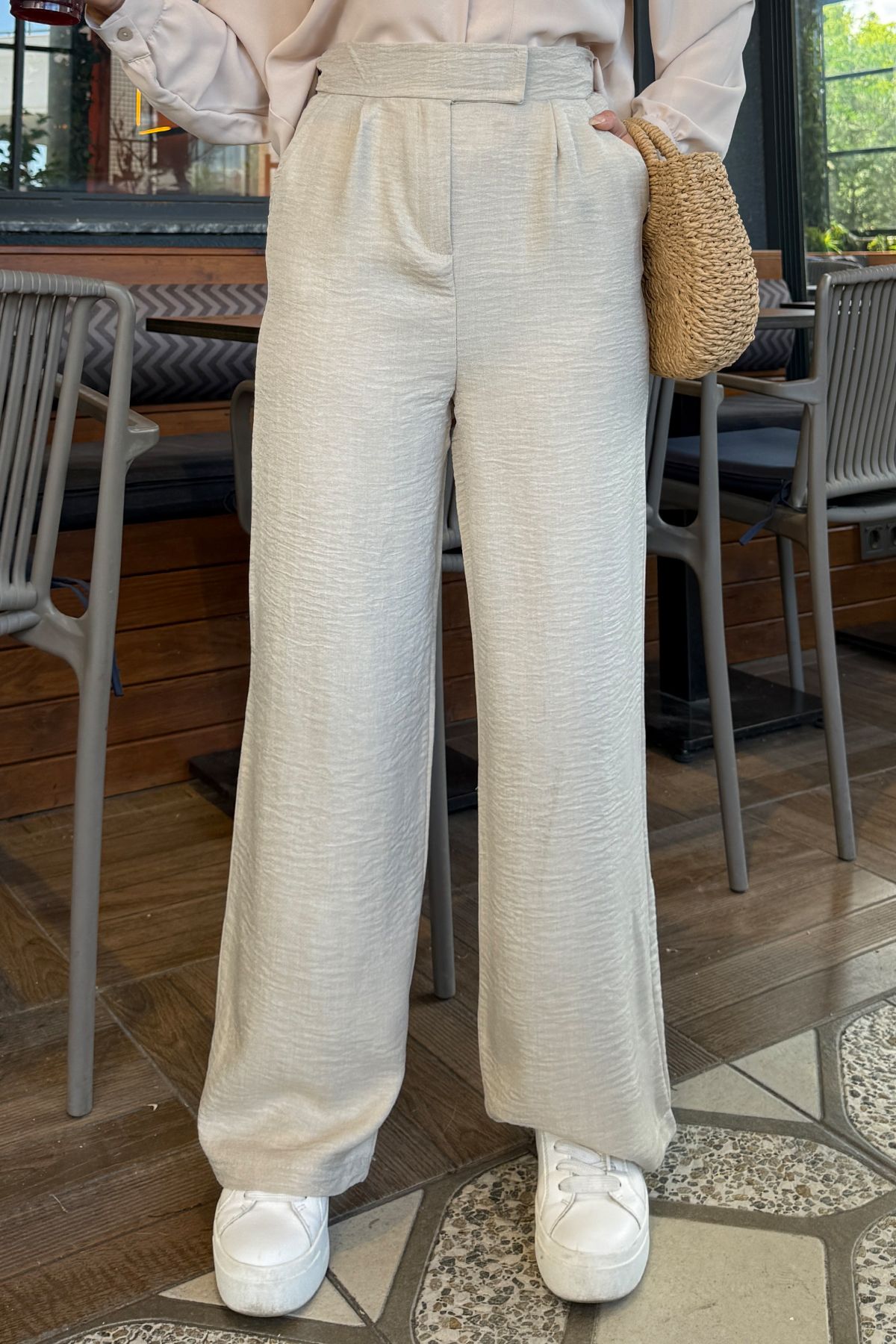 Tesettür Diyarı Kadın Cırtlı Model Sofya Keten Bol Paça Pantolon- Krem