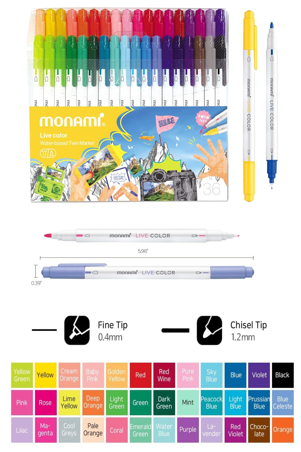 GLANCE-Sketchbook A5 120 Gr 50 Sheets Monami Live Color Water Based 36` Highlighter Set 3