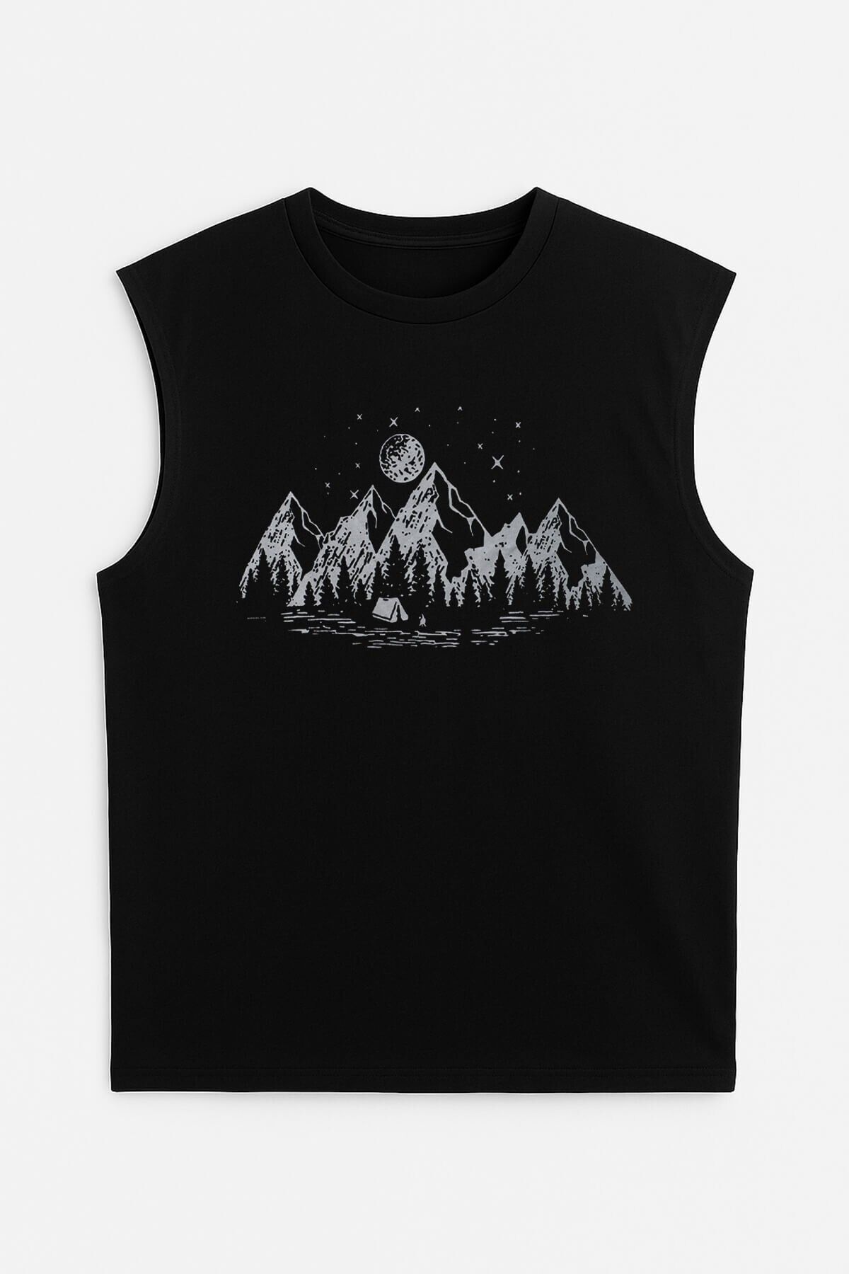 MARKAPIA Erkek Bisiklet Yaka Baskılı Siyah Kolsuz T-shirt