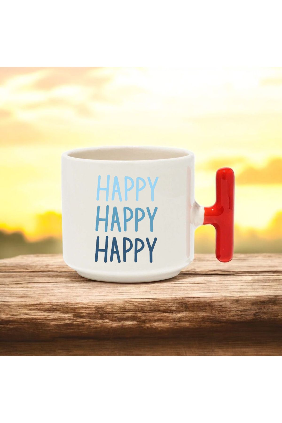 BB TRADE Happy Tasarımlı Kırmızı T Kulplu Seramik Baskılı Kupa Bardak 250 ML