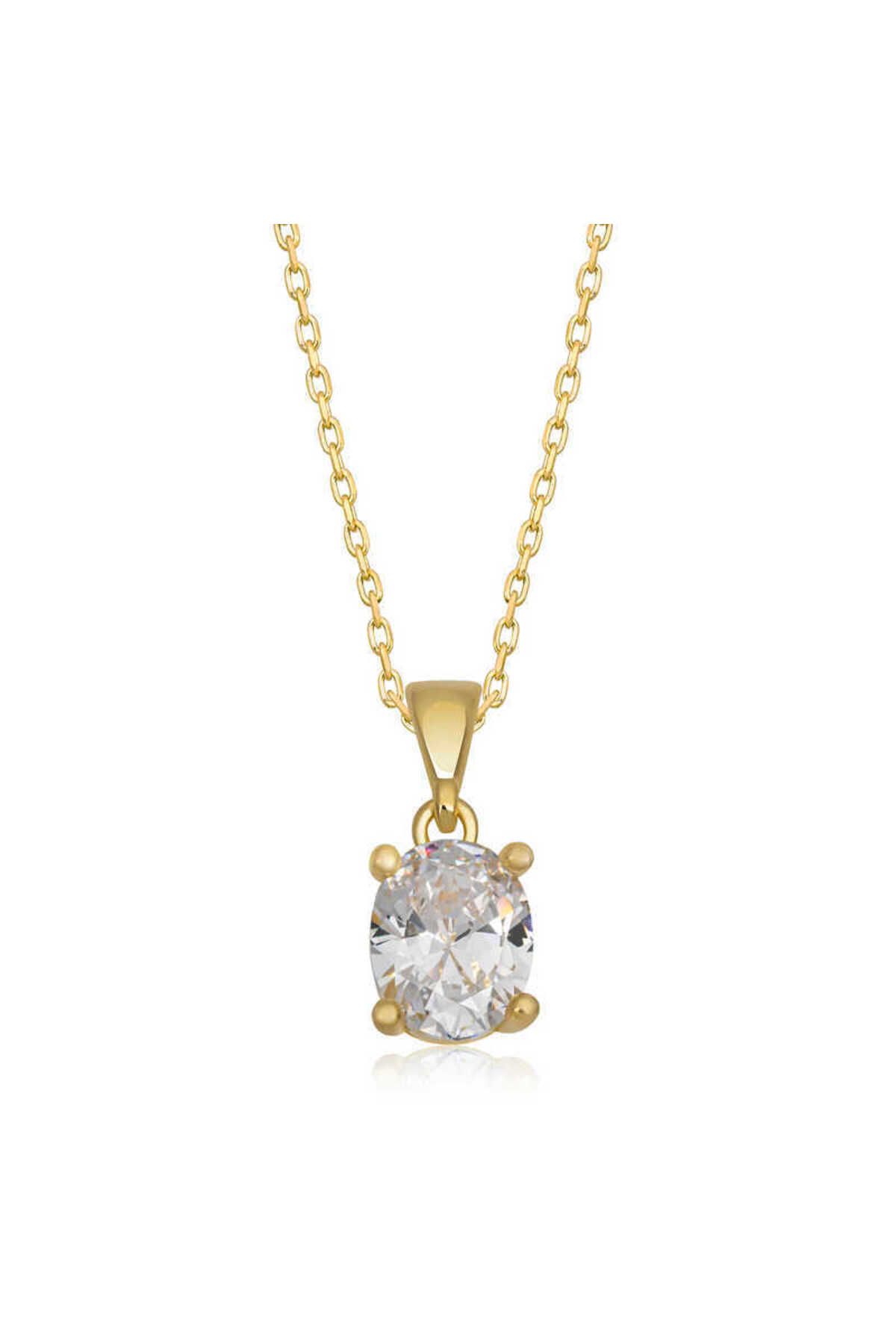 Serero 925 Ayar Gümüş Gold Oval Zirkon Taşlı Kadın Gümüş Kolye